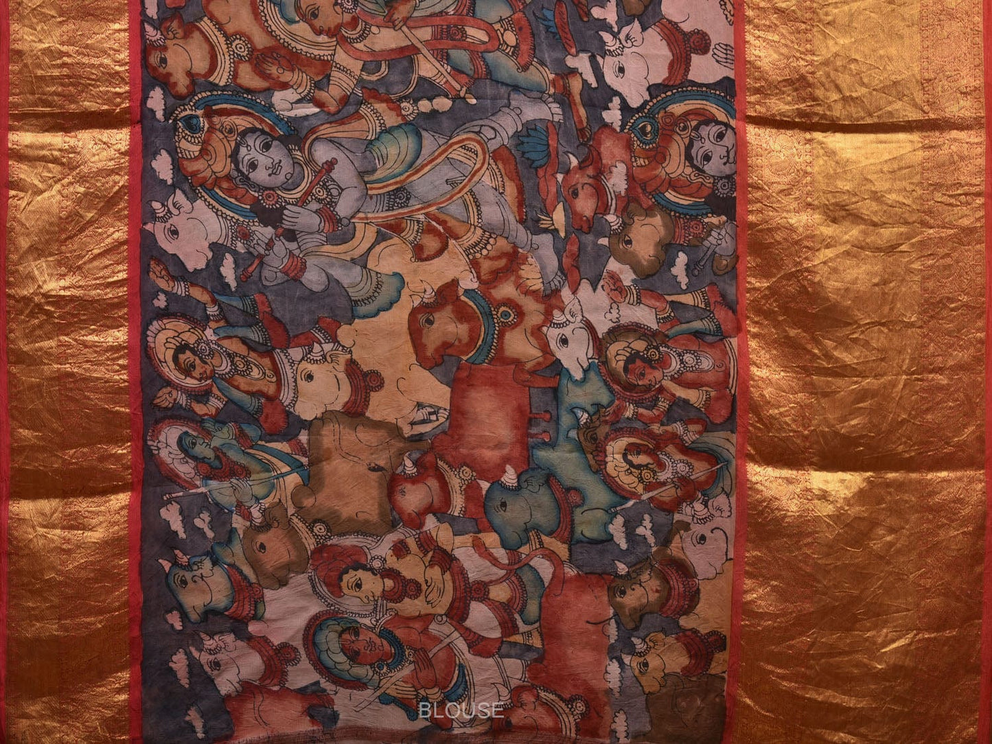 Grey and Red Kalamkari Hand Painted Kanchipuram Silk Handloom Saree with Krishna Leela Design KL0630