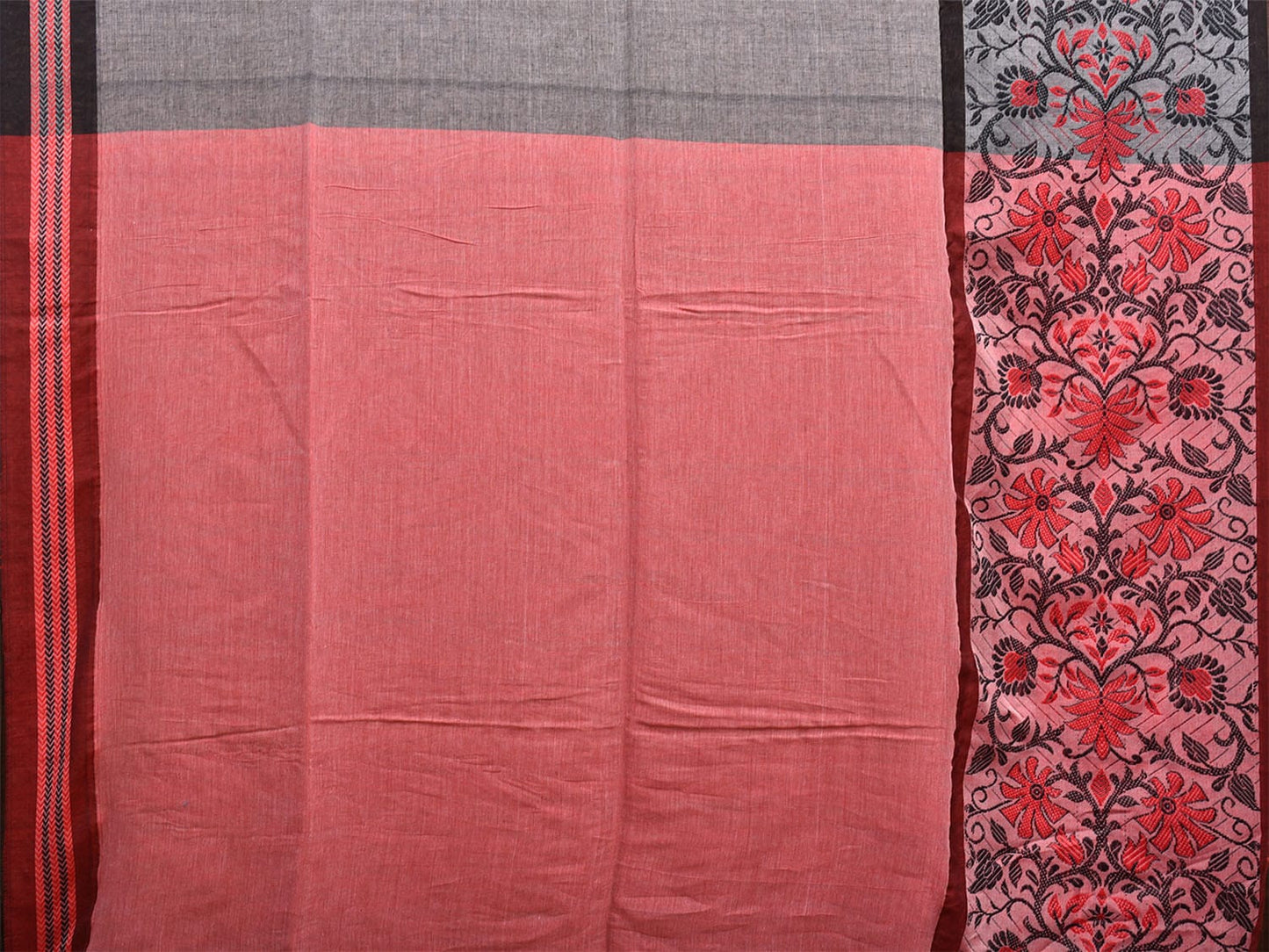 Grey and Red Pure Cotton Jacquard Plain Saree with Big Floral Border Design o0544