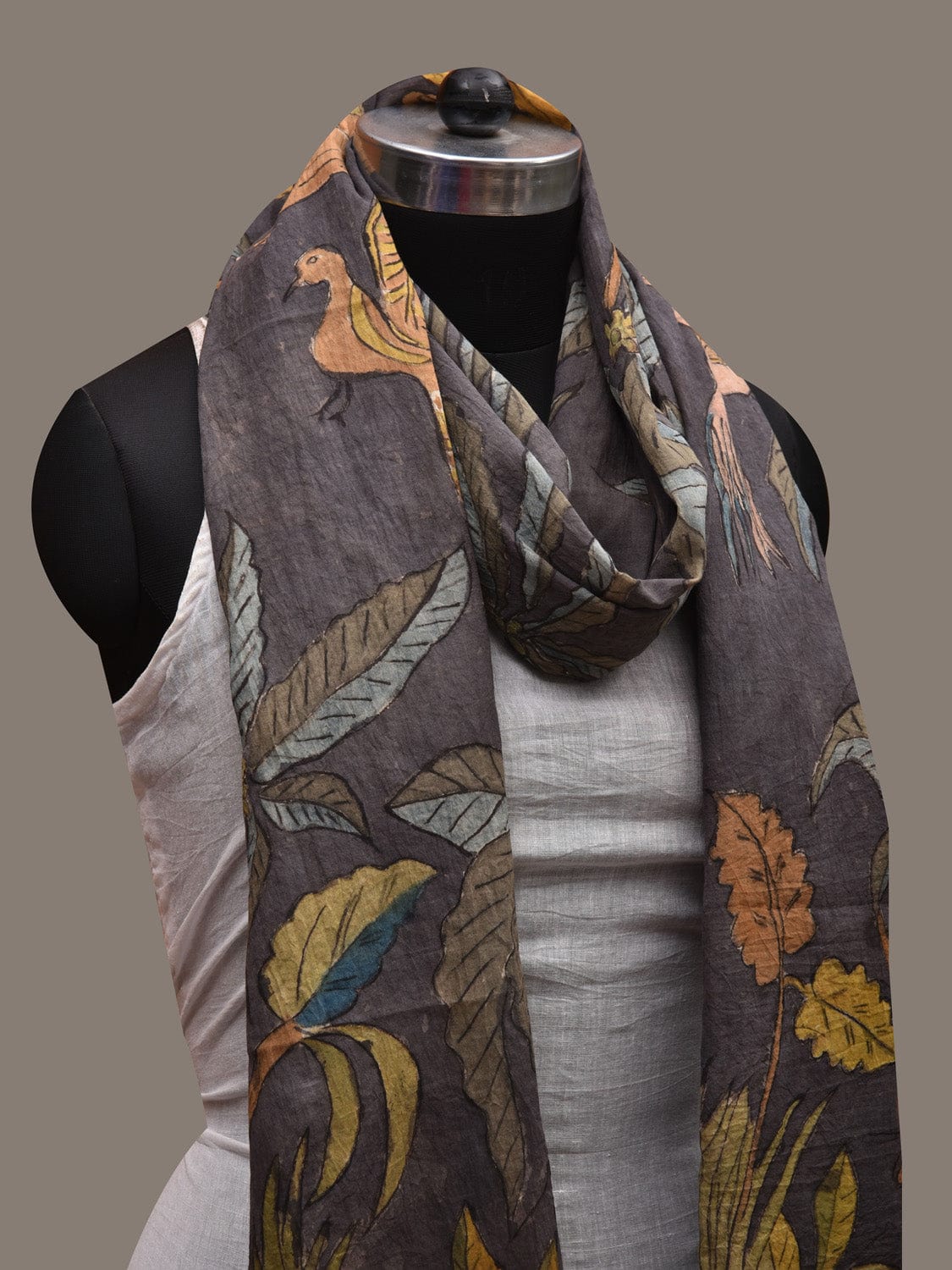 Grey Kalamkari Hand Painted Cotton Handloom Dupatta with Birds and Trees Design ds2734