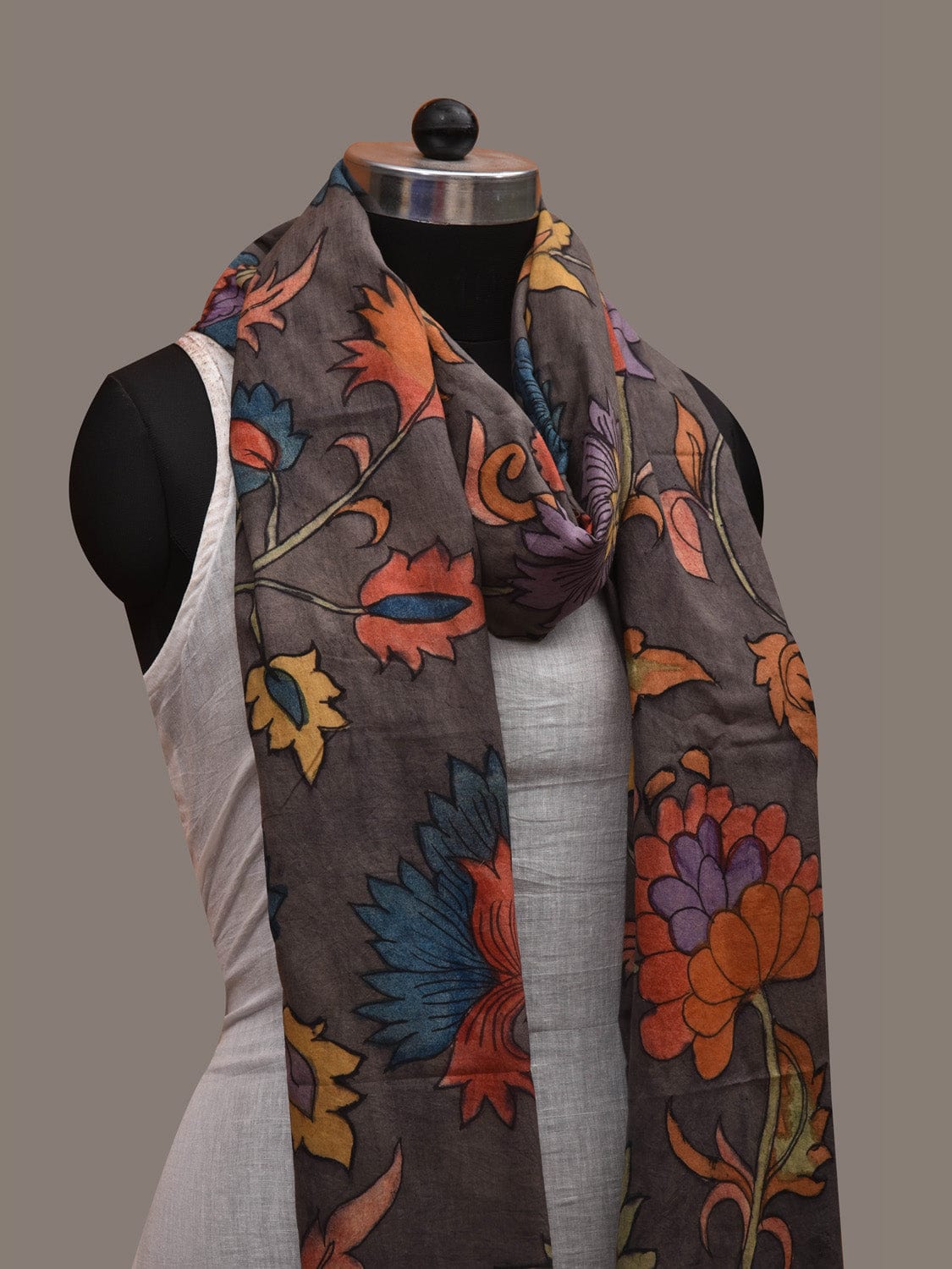 Grey Kalamkari Hand Painted Cotton Handloom Dupatta with Dobi Border and Floral Design ds2960