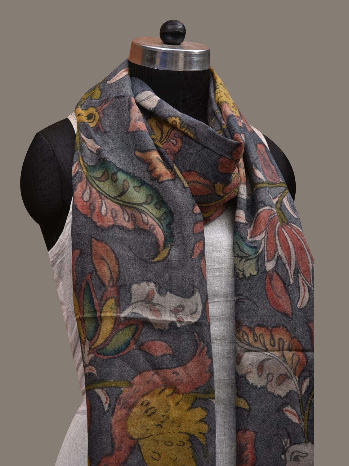 Grey Kalamkari Hand Painted Cotton Handloom Dupatta with Floral and Birds Design ds2884