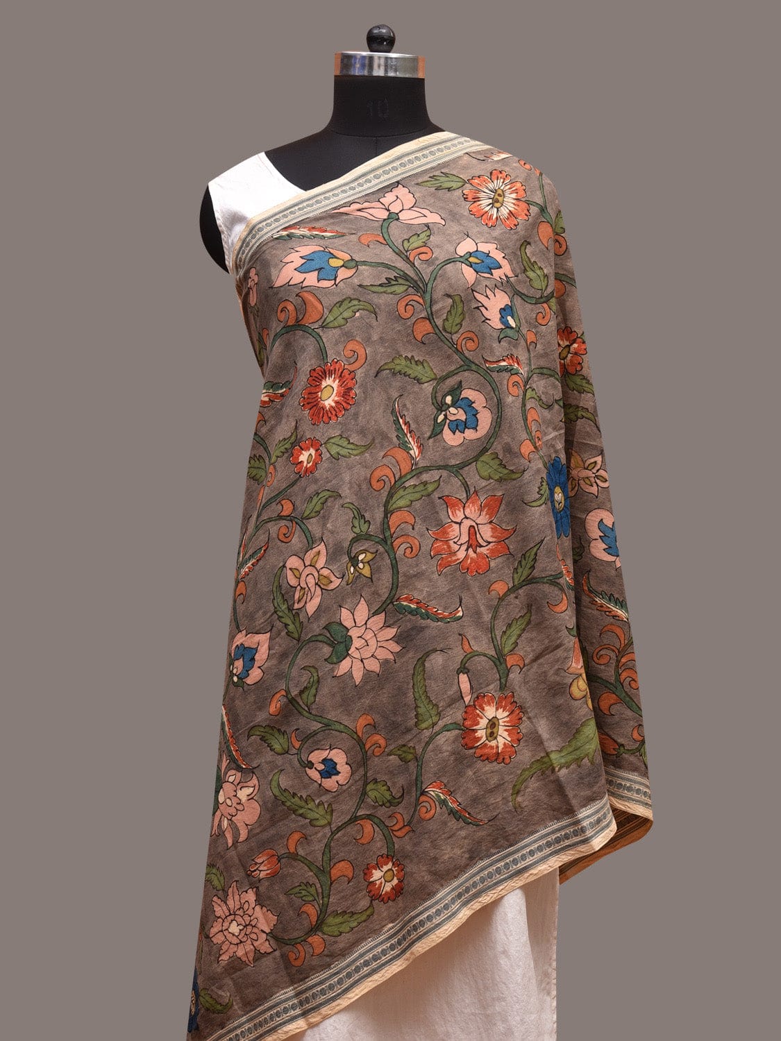 Grey Kalamkari Hand Painted Cotton Handloom Dupatta with Floral Design ds3626
