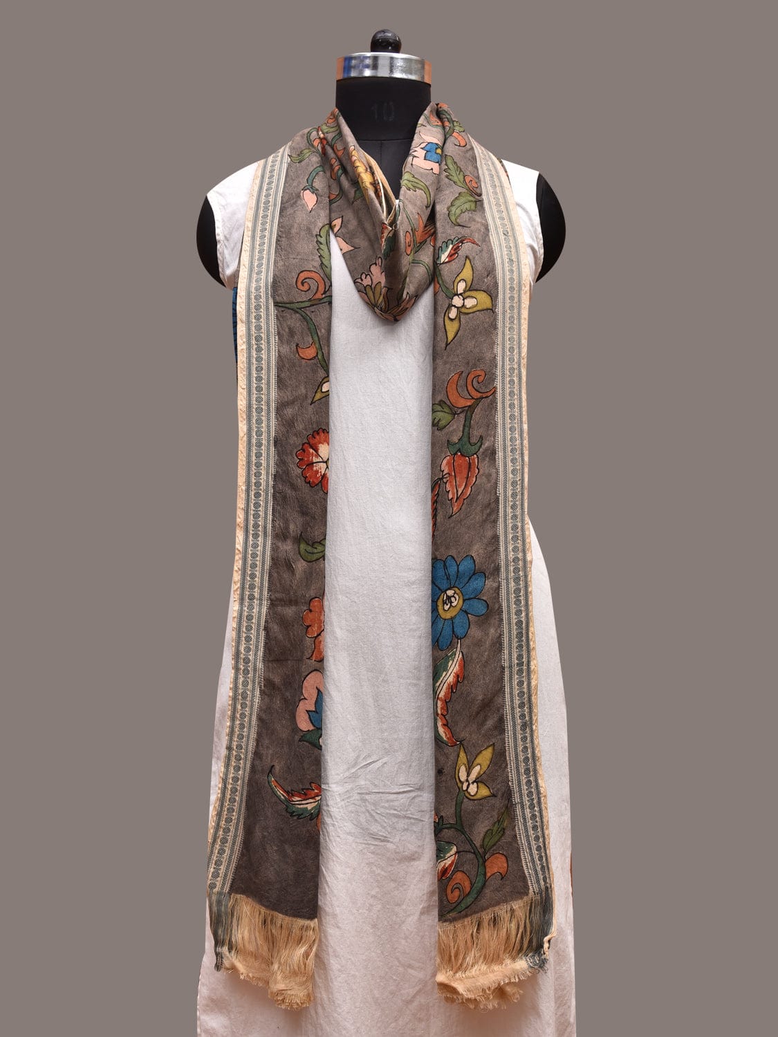 Grey Kalamkari Hand Painted Cotton Handloom Dupatta with Floral Design ds3626