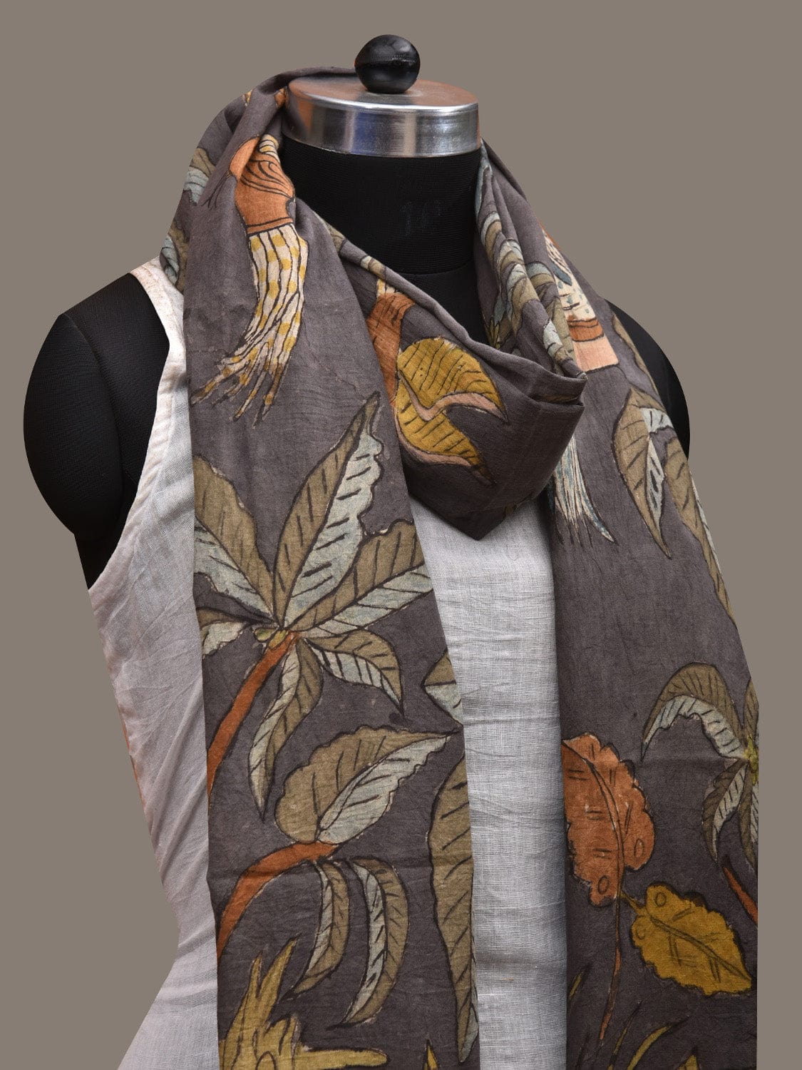 Grey Kalamkari Hand Painted Cotton Handloom Dupatta with Trees and Birds Design ds2821