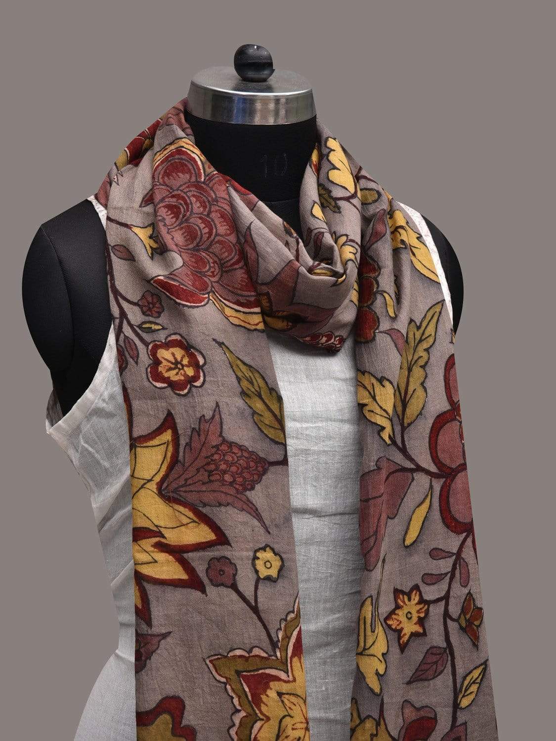 Grey Kalamkari Hand Painted Cotton Handloom Stole with Floral Design ds2561
