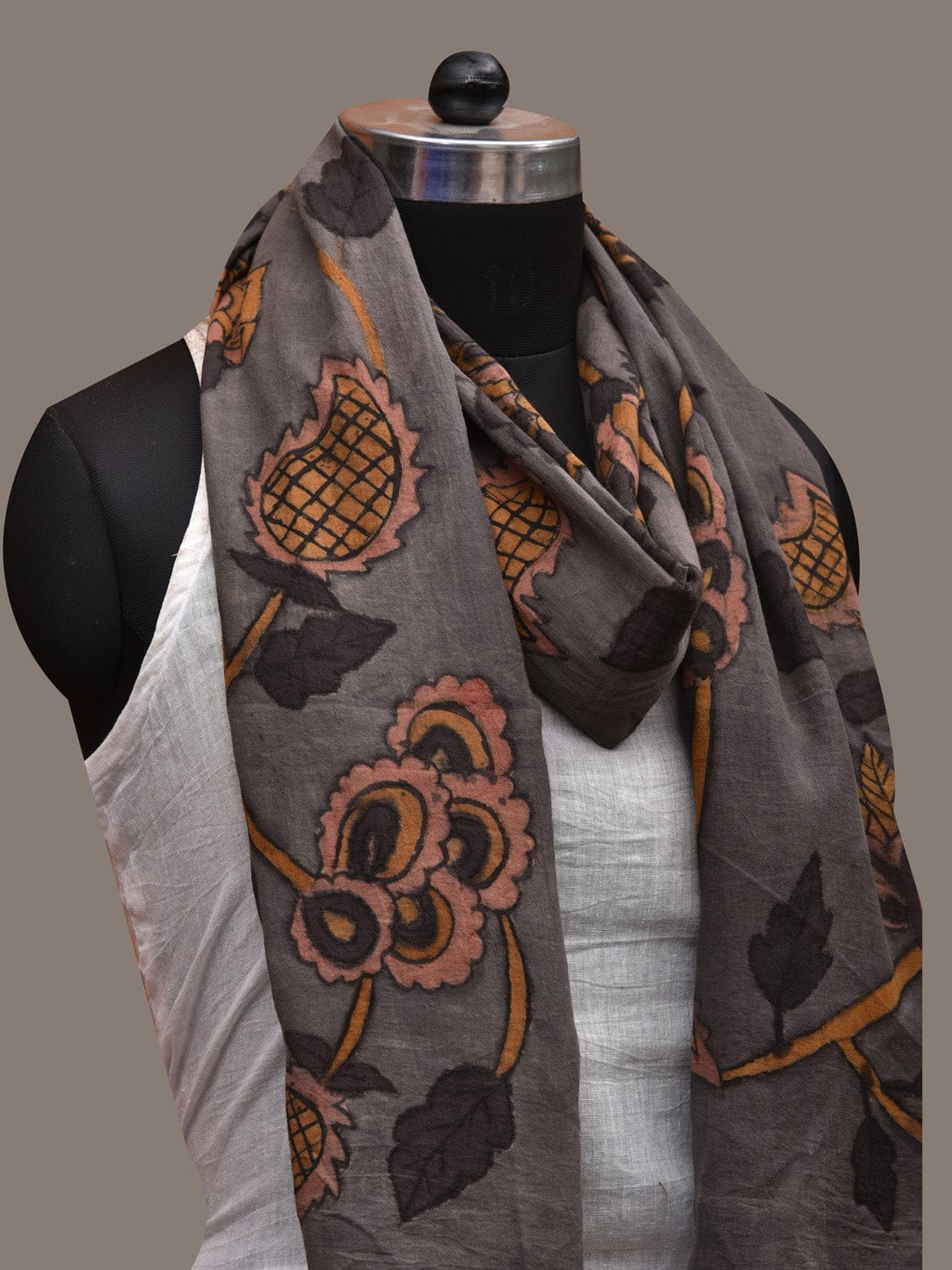 Grey Kalamkari Hand Painted Cotton Handloom Stole with Floral Design ds2758