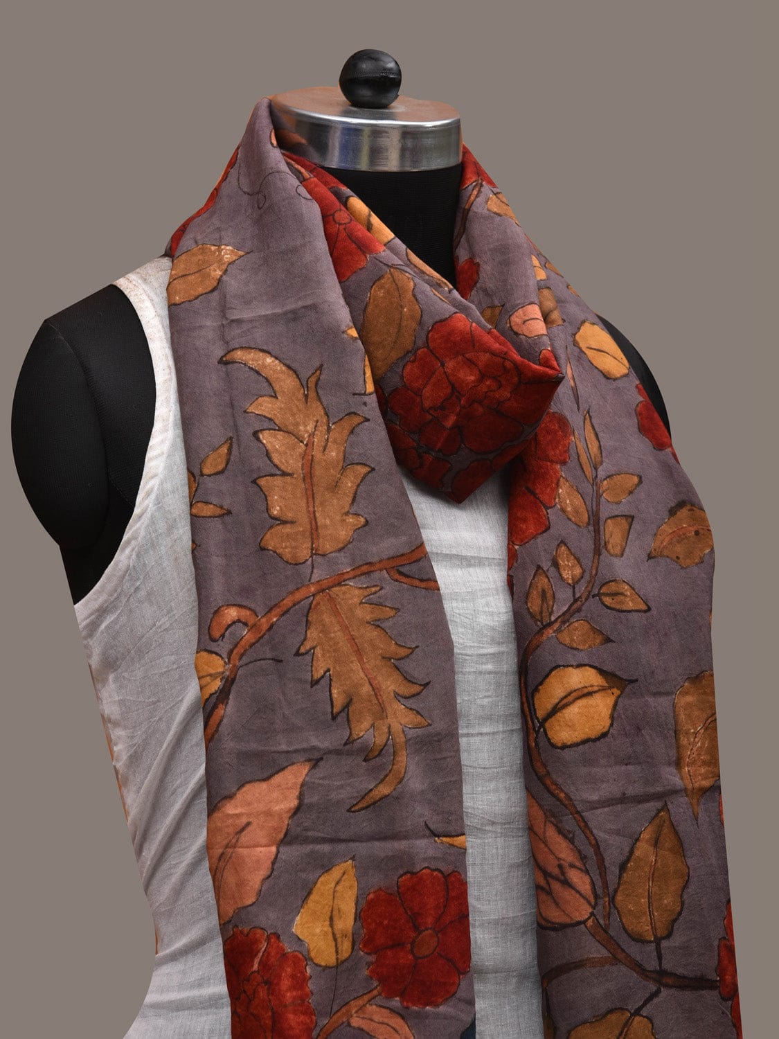 Grey Kalamkari Hand Painted Cotton Handloom Stole with Floral Design ds2811