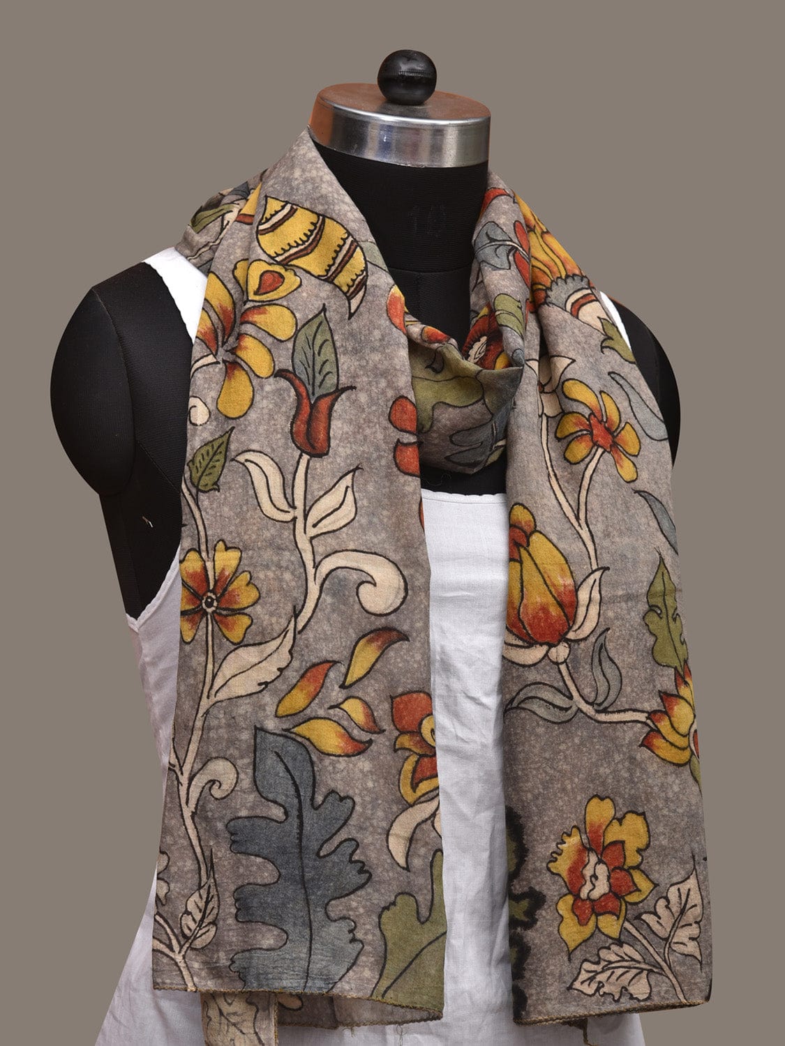 Grey Kalamkari Hand Painted Cotton Handloom Stole with Floral Design ds3021