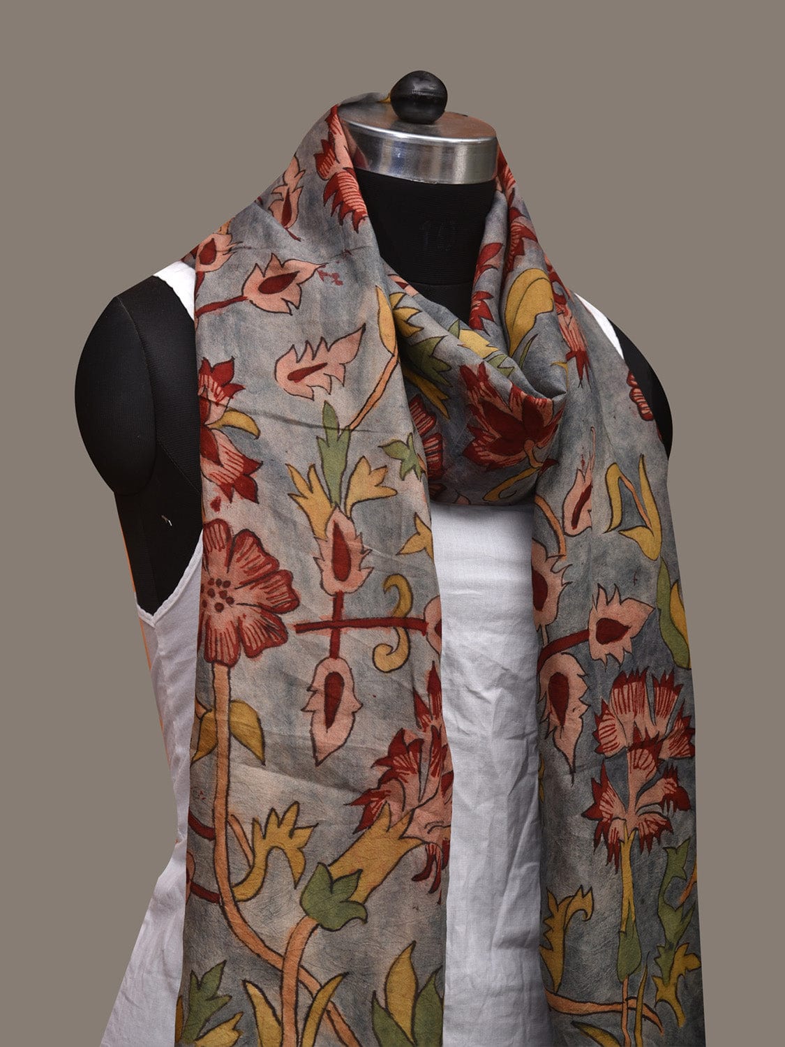 Grey Kalamkari Hand Painted Cotton Handloom Stole with Flowers Design ds3018