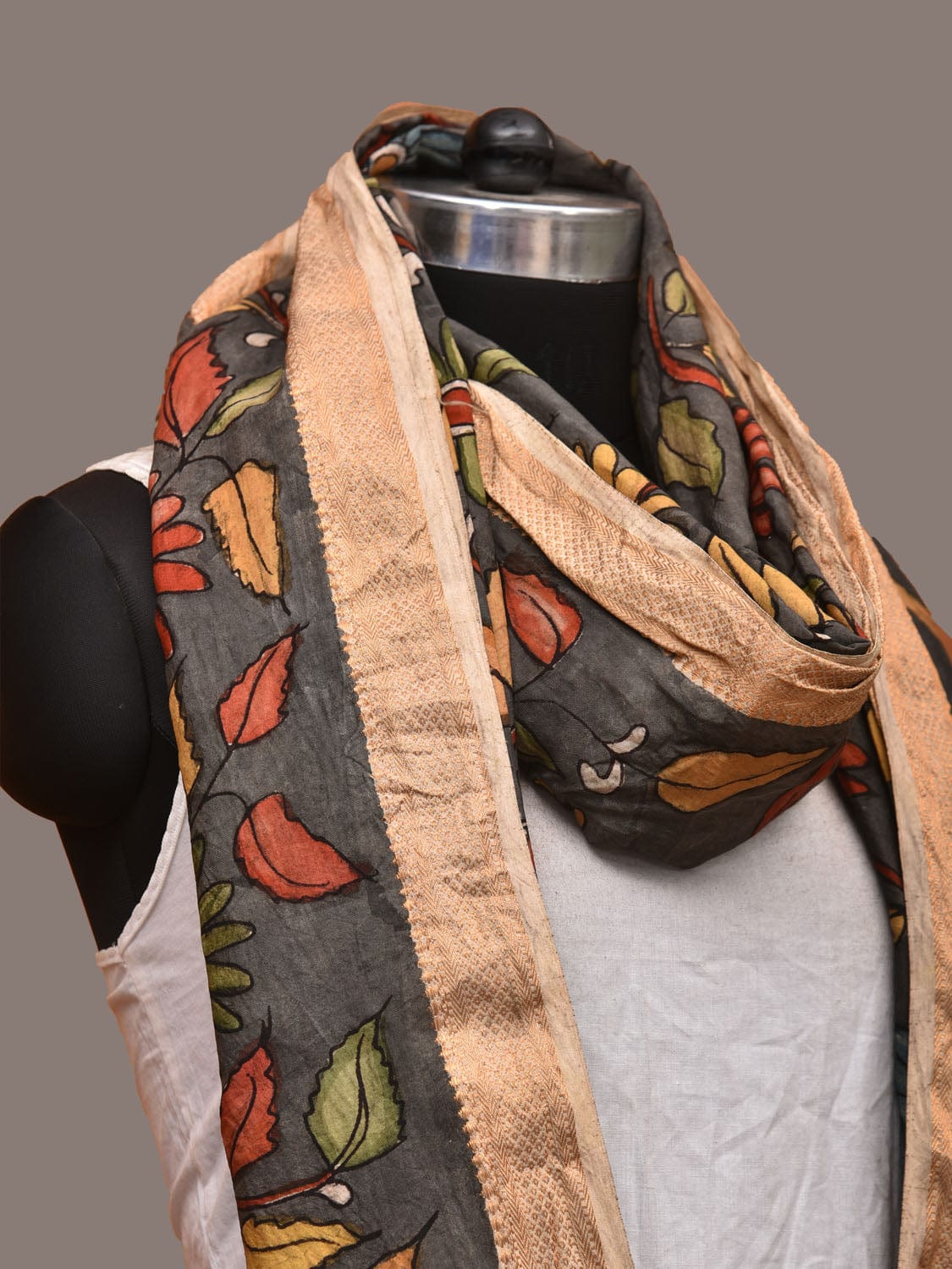 Grey Kalamkari Hand Painted Sico Dupatta with Flowers and Peacock Design ds3210