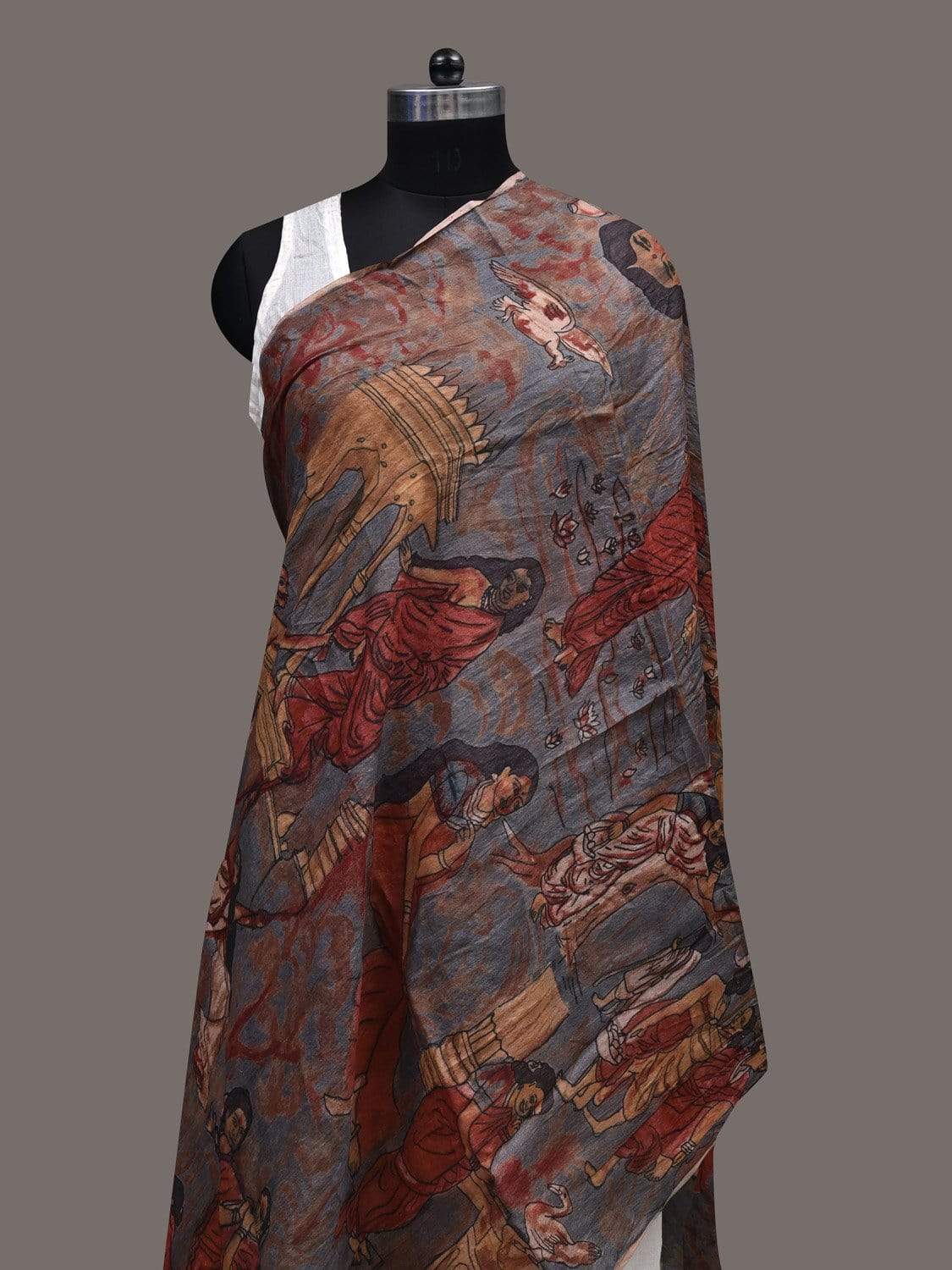 Grey Kalamkari Hand Painted Tussar Handloom Dupatta with Painting Design ds2429
