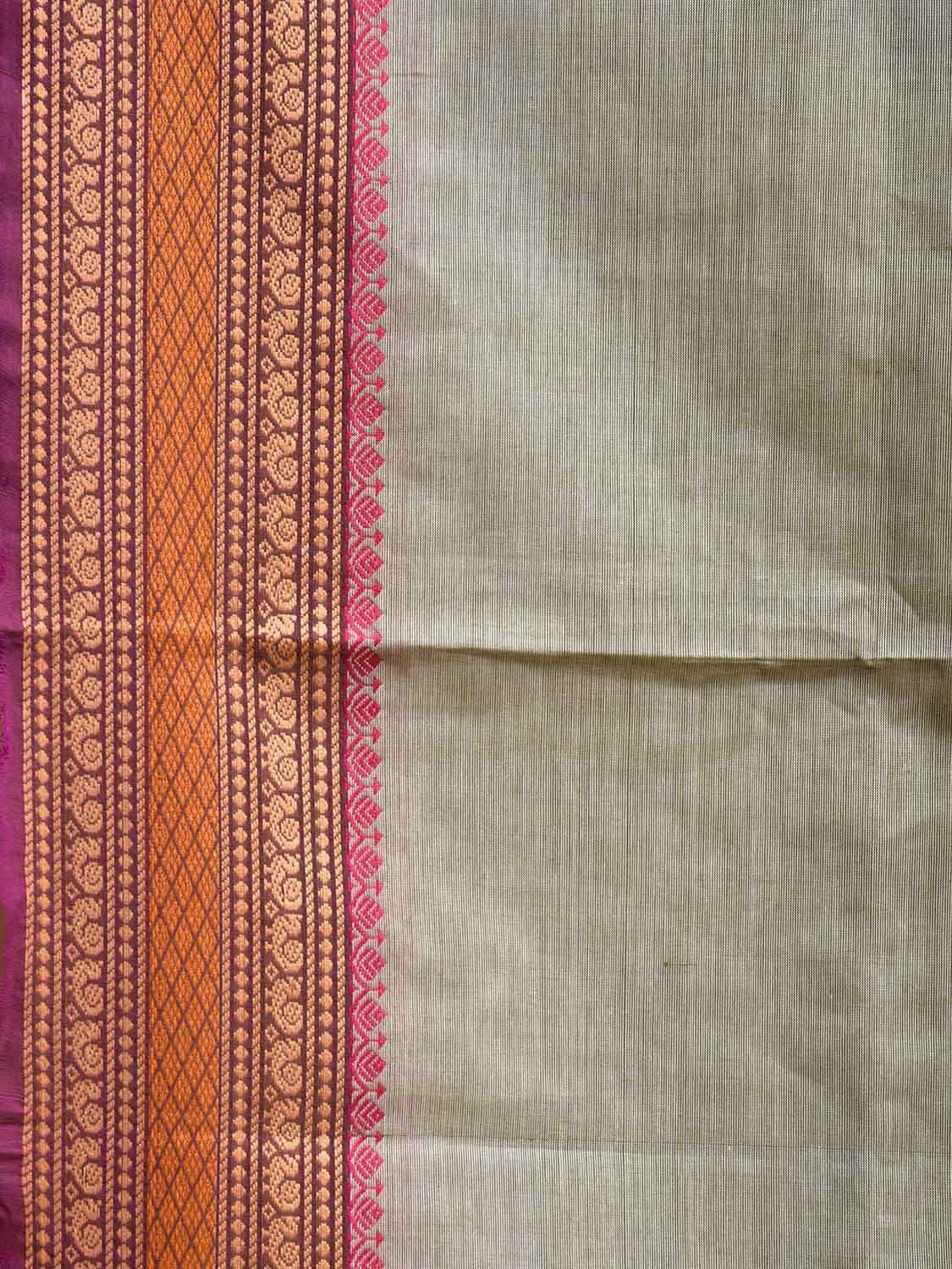 Grey Kanchipuram Cotton Plain Saree with Strips Pallu and Border Design Kalamkari Blouse k0829