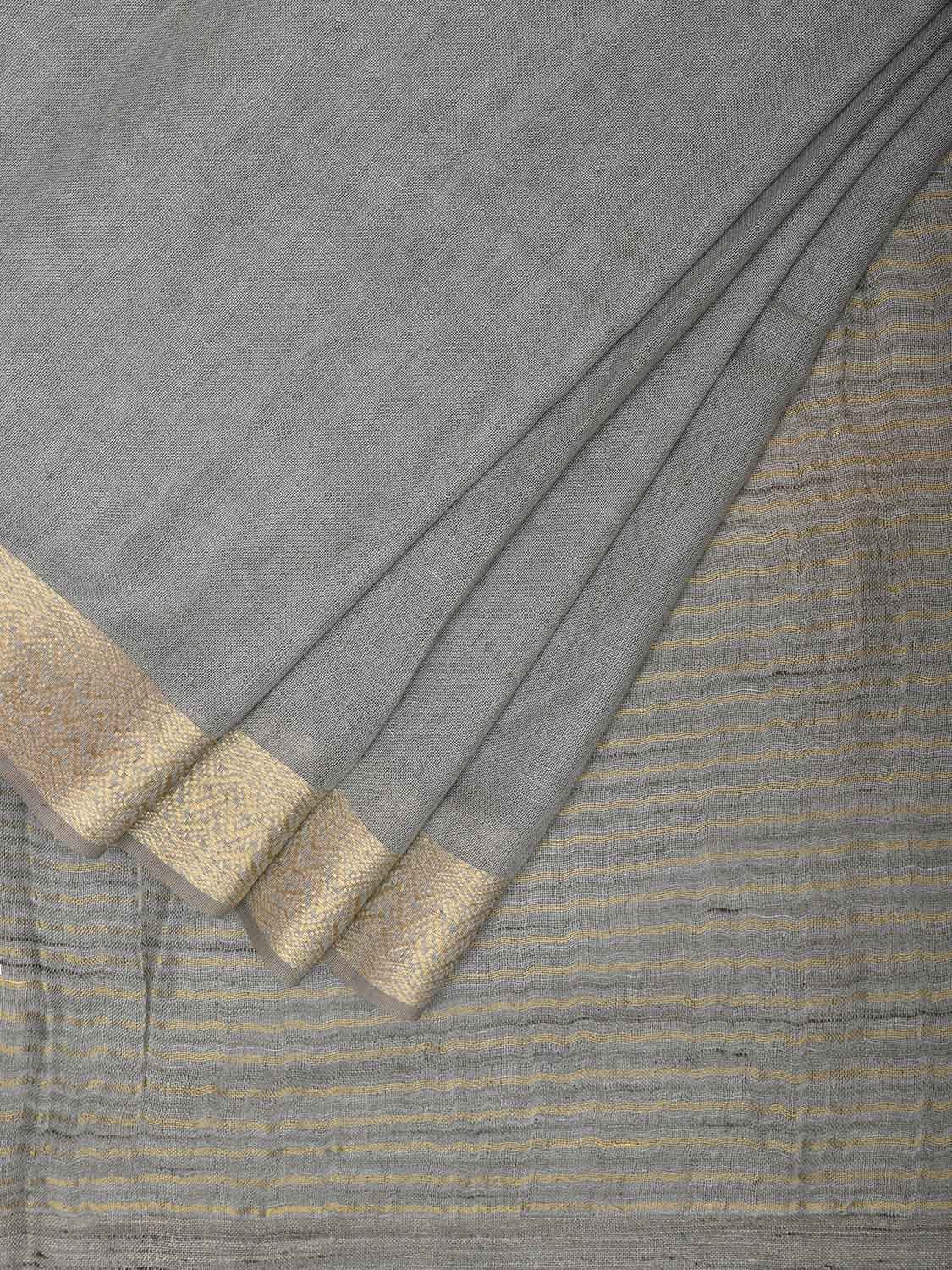 Grey Linen Cotton Plain Saree with Strips Pallu Design o0564