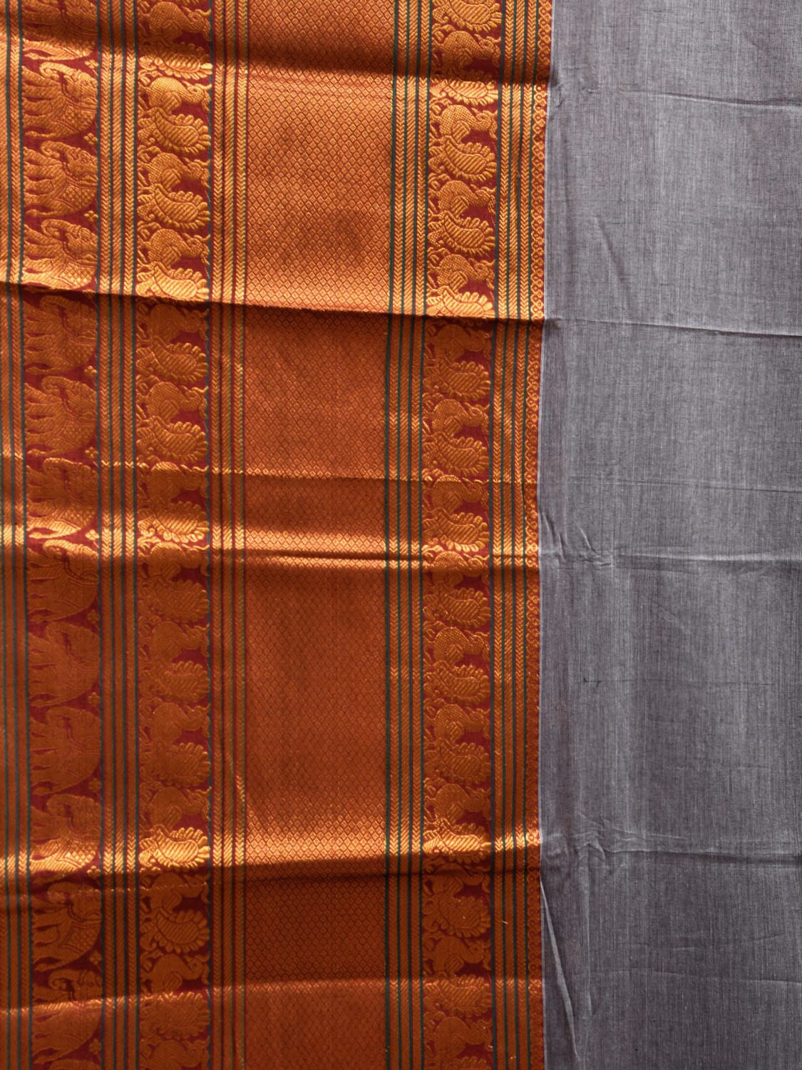 Grey Narayanpet Cotton Plain Saree with Strips Pallu and Big Border Design No Blouse np1122