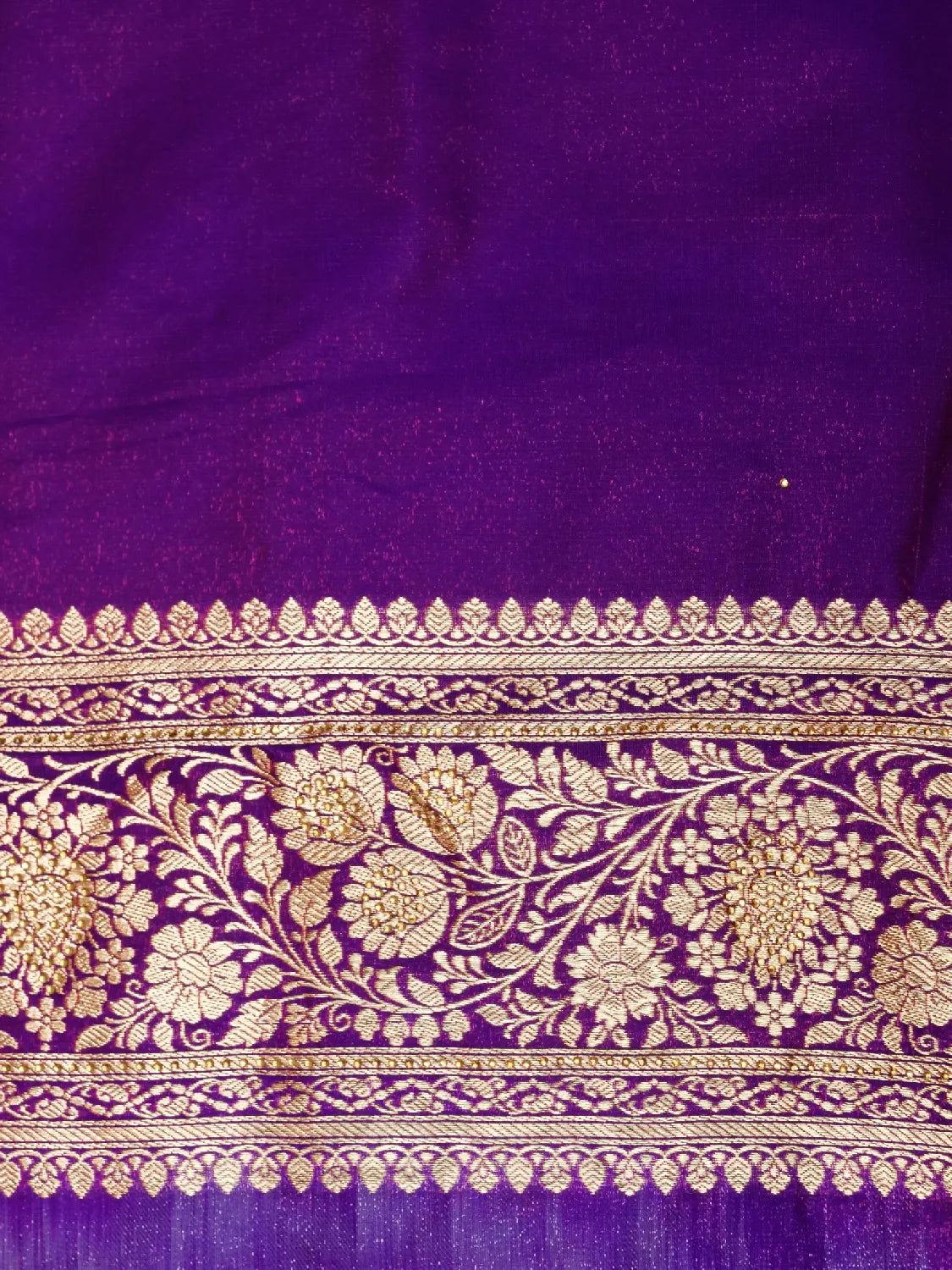 Vibrant Royal Purple Banarasi Katan Silk Saree with Classic Gold Zari Swarovski Crystal Stones Bootis DSK0018