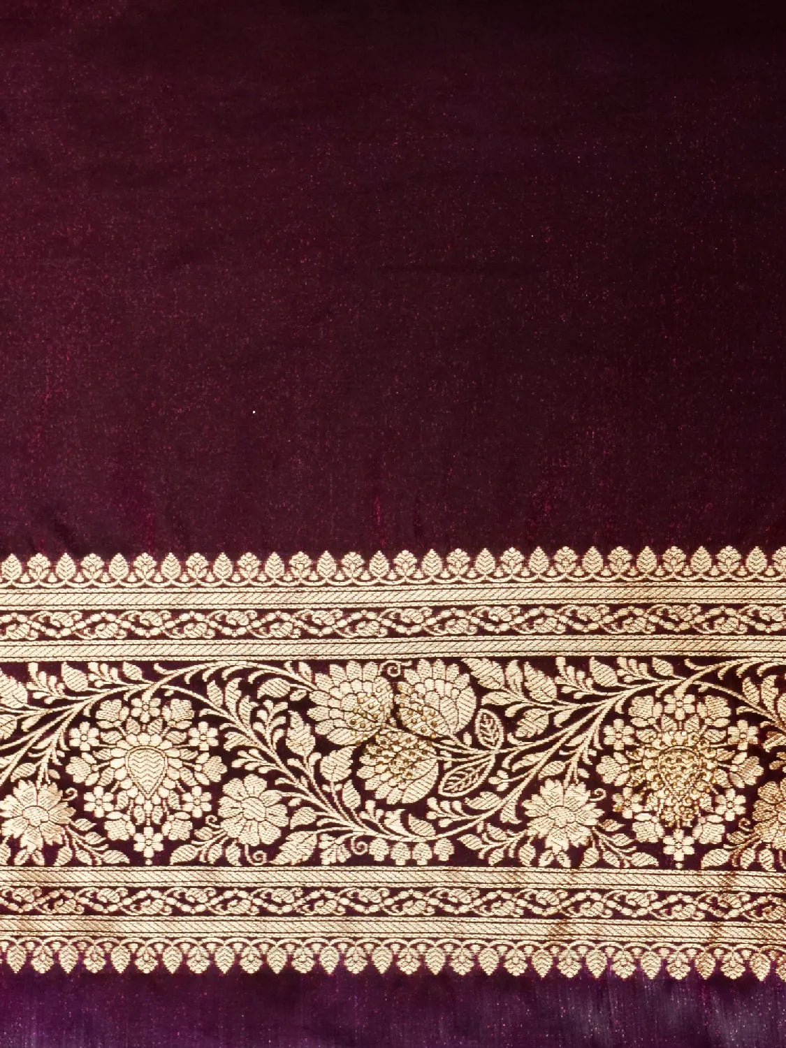 Luxurious Deep Wine Banarasi Katan Silk Saree with Opulent Swarovski Crystal Stones Gold Zari Pallu DSK0019