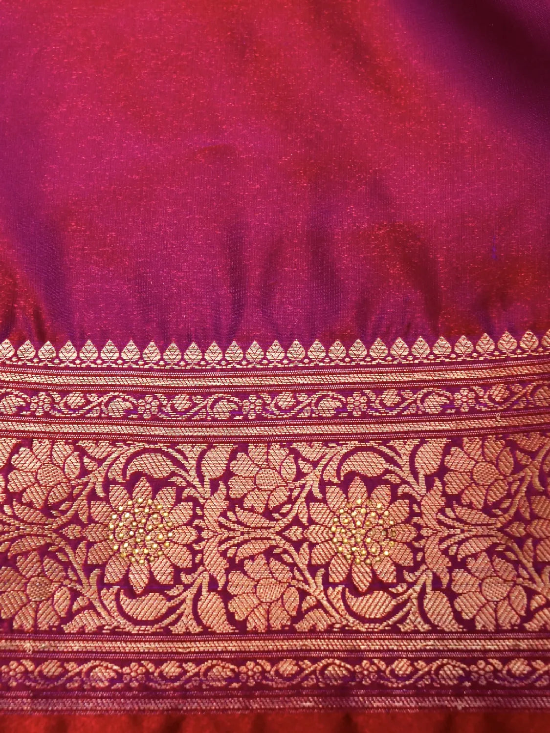 Vibrant Magenta Banarasi Silk Saree with Gold Crescent Moon Crystal Stone Buttas DSK0054