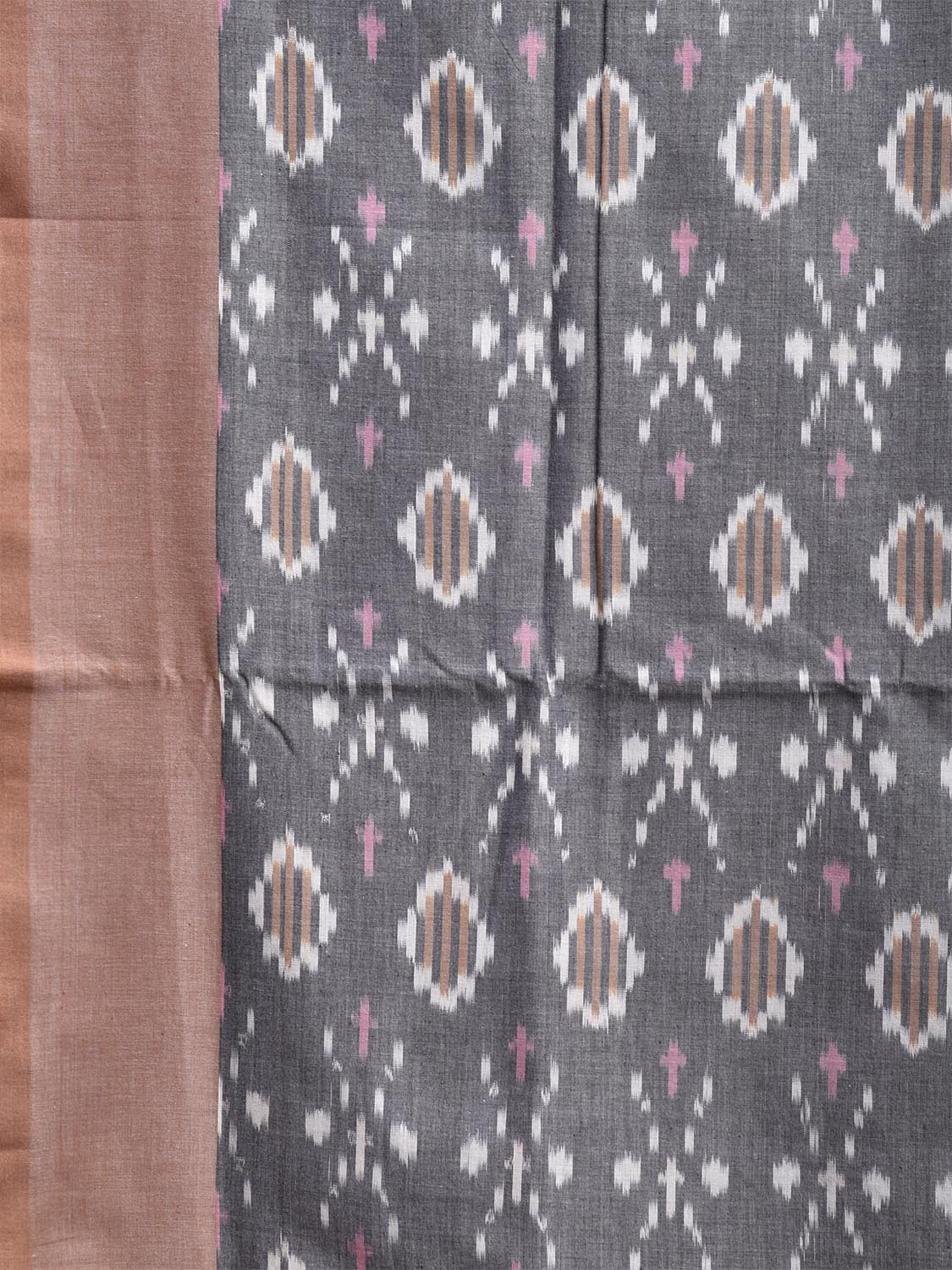 Grey and White Pochampally Ikat Cotton Handloom Saree with All Over Body and Zig-Zag Pallu Design No Blouse i0922