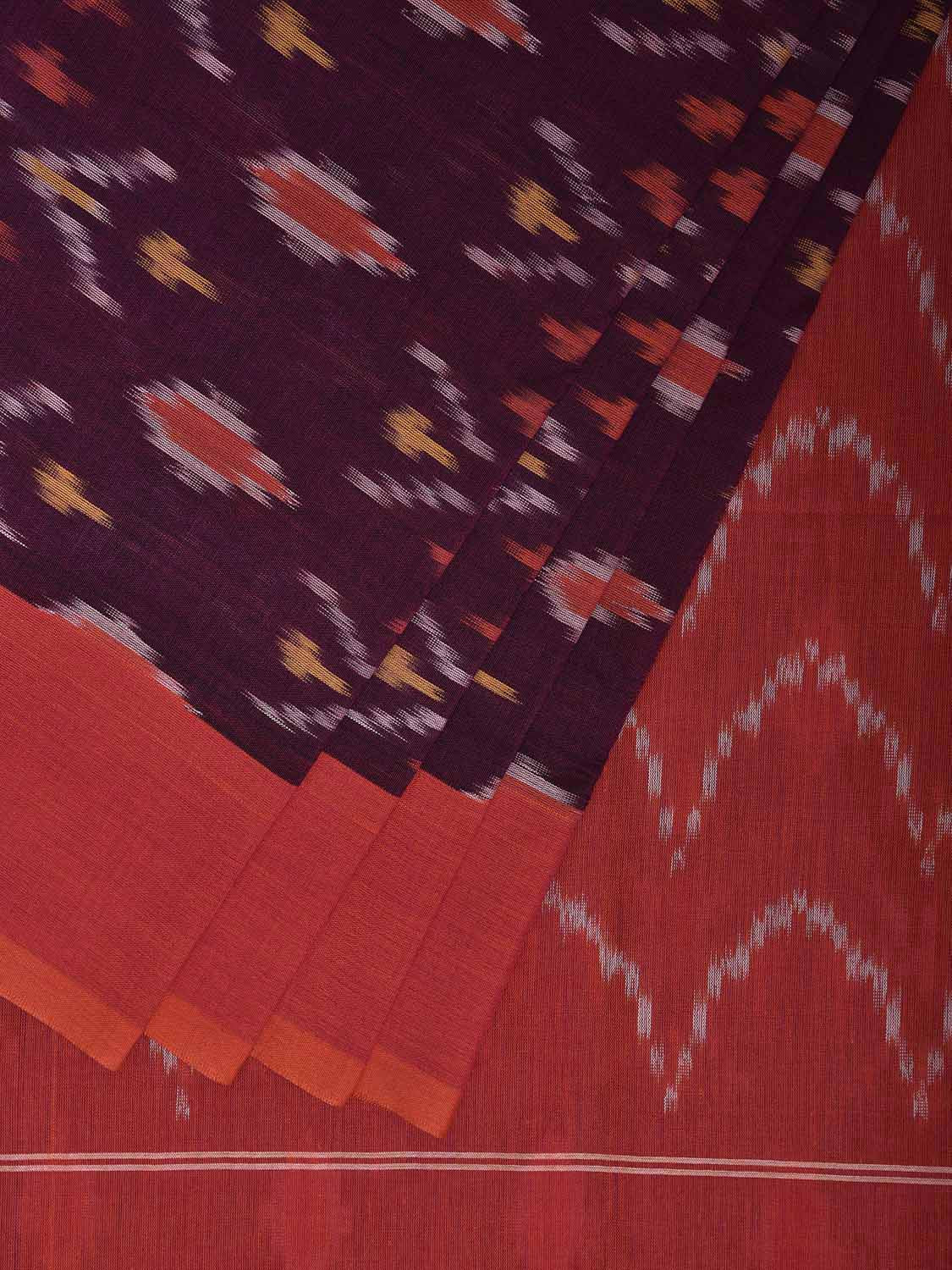 Wine and Pink Pochampally Ikat Cotton Handloom Saree with Body Buta and Zig-Zag Pallu Design No Blouse i0923