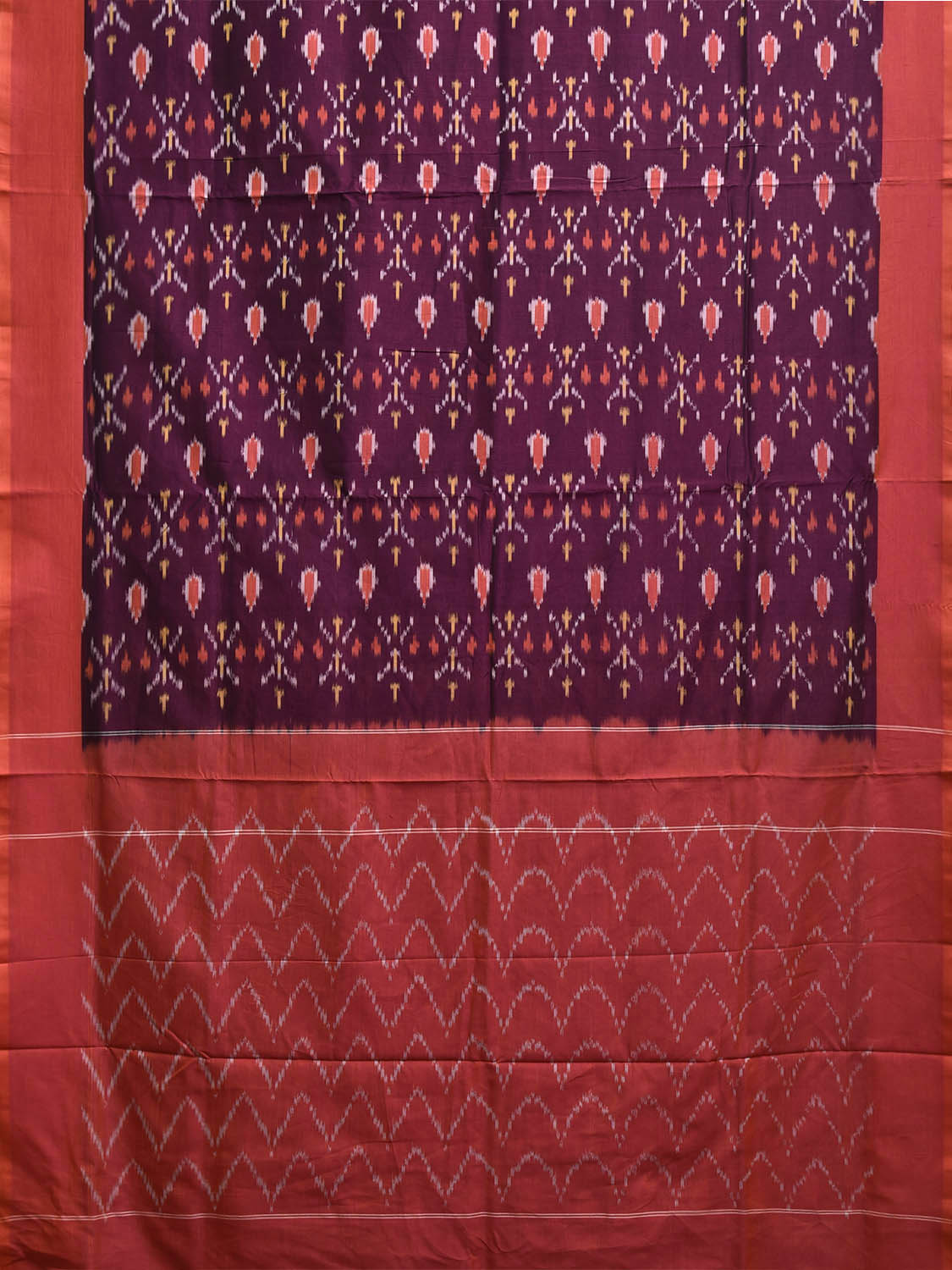 Wine and Pink Pochampally Ikat Cotton Handloom Saree with Body Buta and Zig-Zag Pallu Design No Blouse i0923