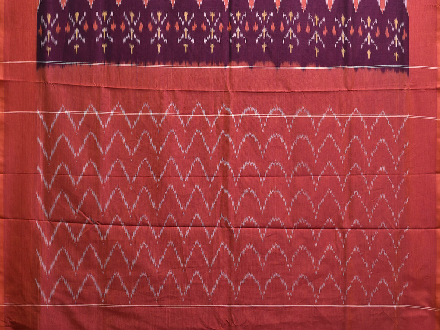 Wine and Pink Pochampally Ikat Cotton Handloom Saree with Body Buta and Zig-Zag Pallu Design No Blouse i0923