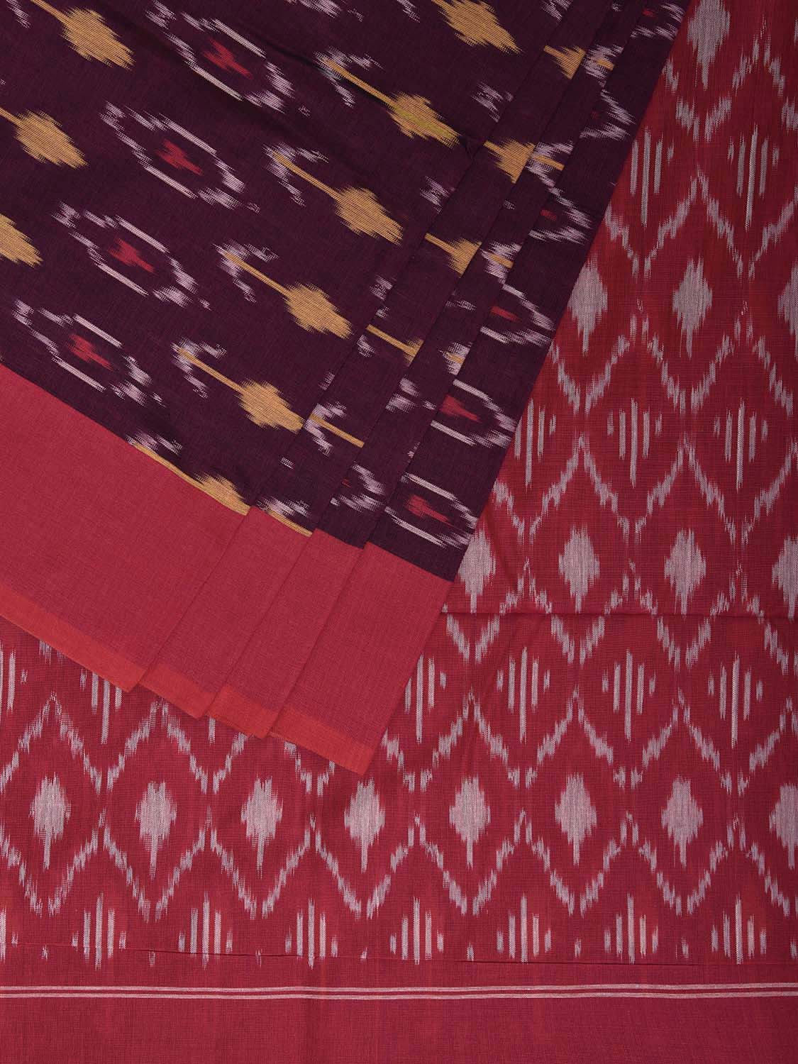Wine and Red Pochampally Ikat Cotton Handloom Saree with All Over Design No Blouse i0926
