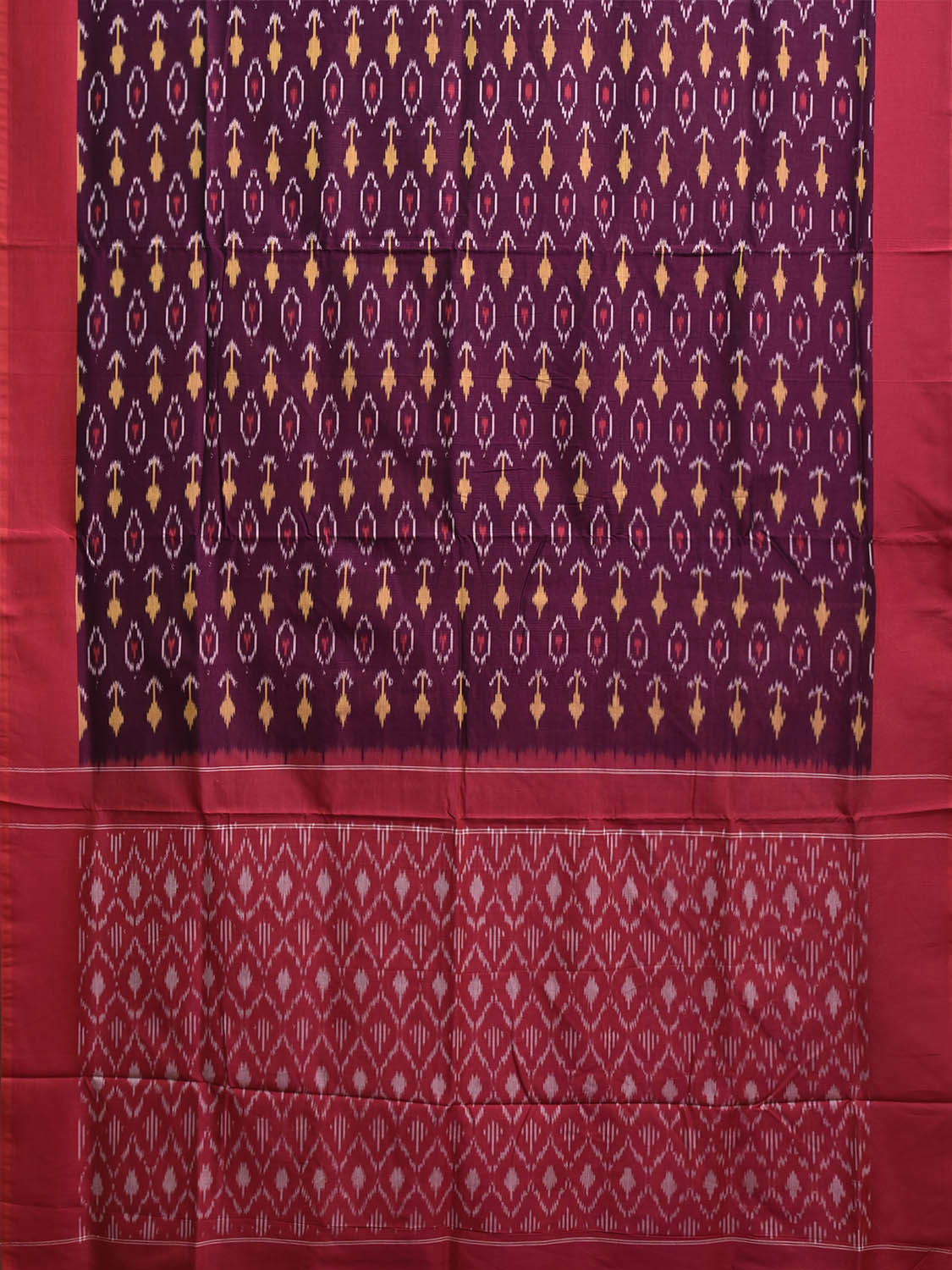 Wine and Red Pochampally Ikat Cotton Handloom Saree with All Over Design No Blouse i0926