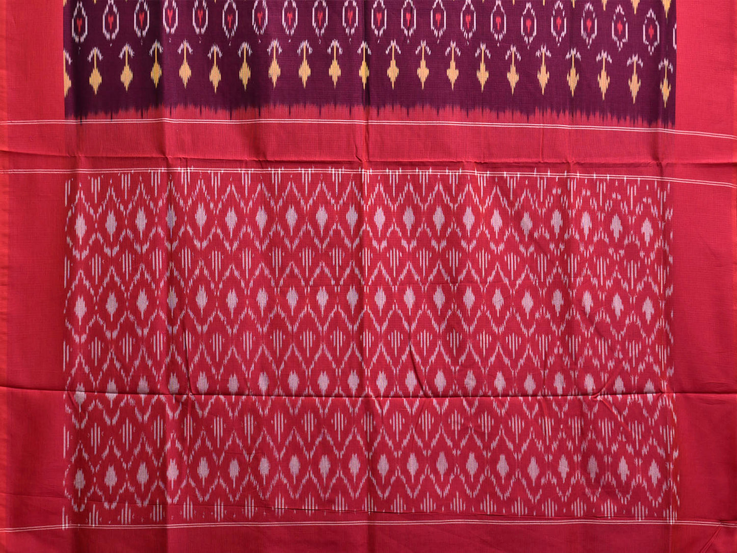 Wine and Red Pochampally Ikat Cotton Handloom Saree with All Over Design No Blouse i0926