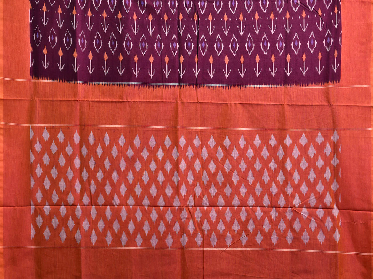 Wine and Orange Pochampally Ikat Cotton Handloom Saree with All Over Design No Blouse i0927