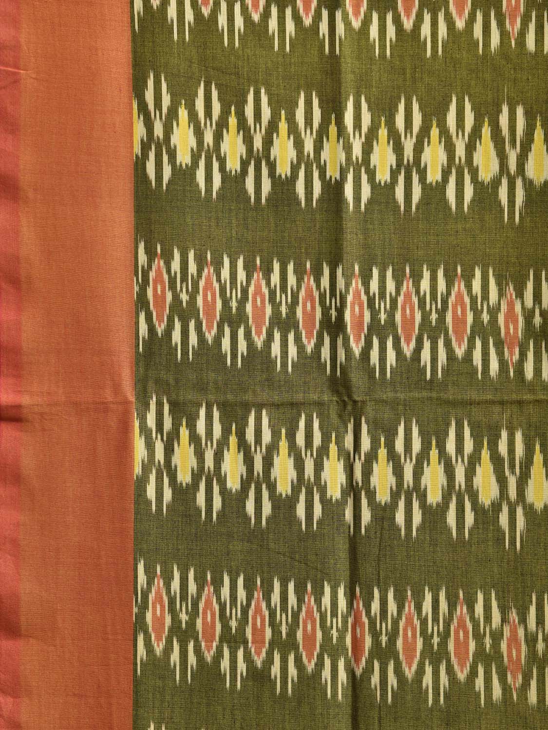 Olive and Orange Ikat Cotton Handloom Saree with All Over Design No Blouse i0936