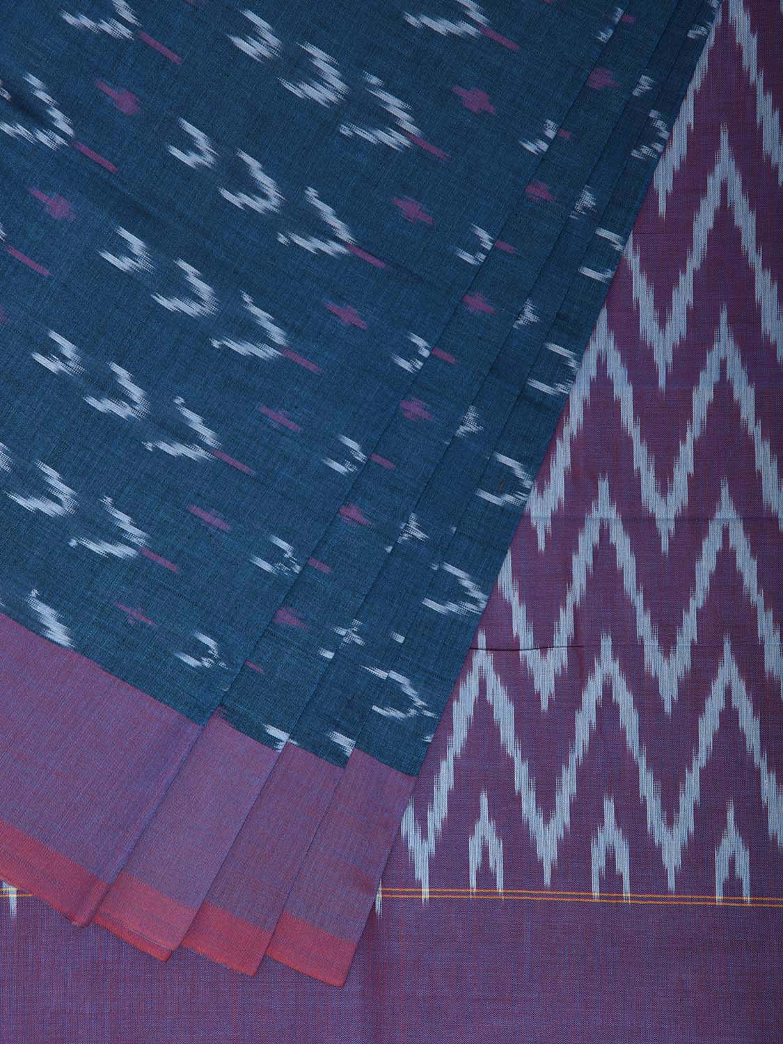 Teal and Purple Ikat Cotton Handloom Saree with Zig-Zag Pallu Design No Blouse i0939