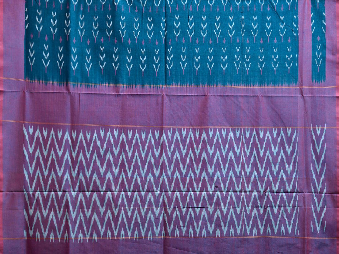 Teal and Purple Ikat Cotton Handloom Saree with Zig-Zag Pallu Design No Blouse i0939