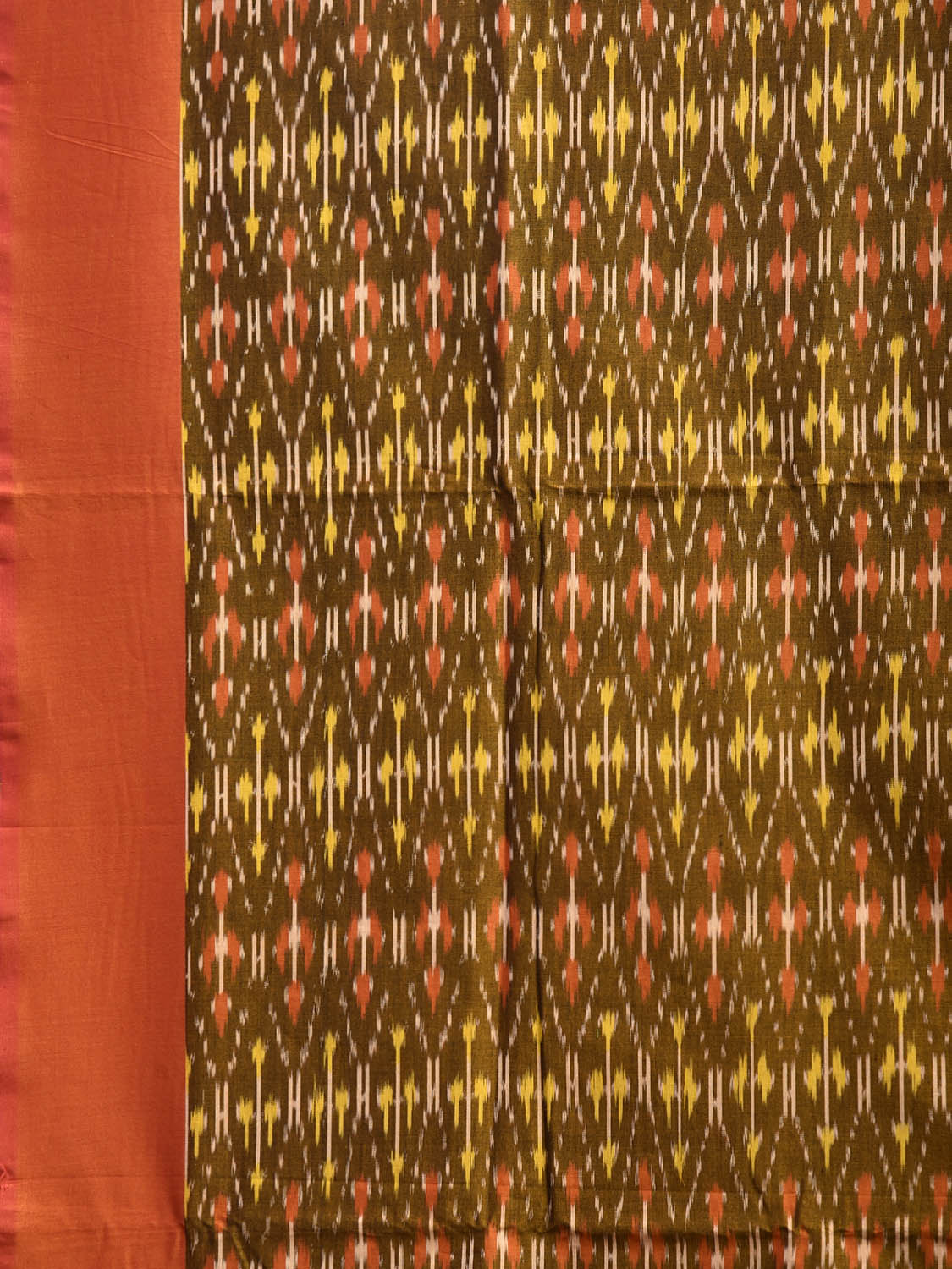 Olive and Orange Pochampally Ikat Cotton Handloom Saree with Grill Design No Blouse i0940
