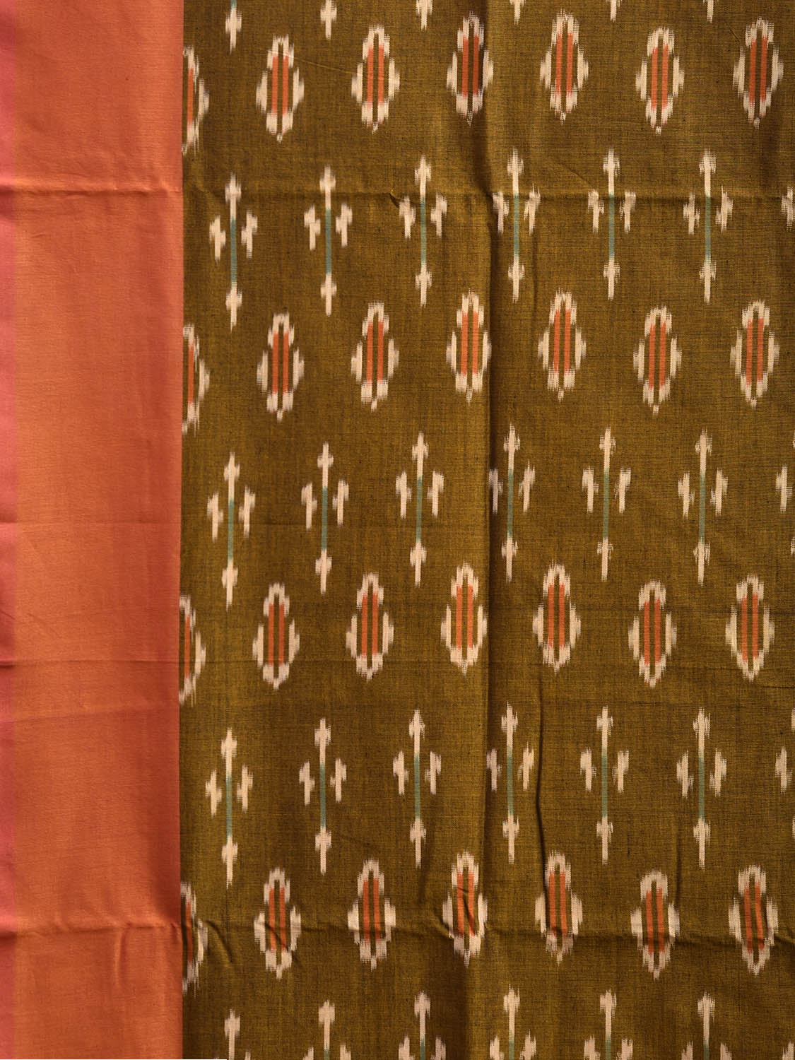 Olive and Orange Pochampally Ikat Cotton Handloom Saree with Zig-Zag Pallu Design No Blouse i0943