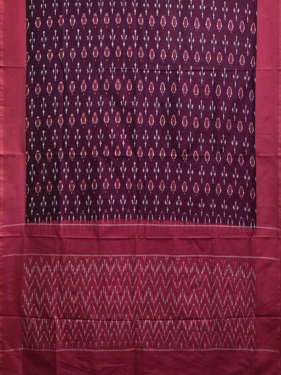 Wine and Pink Pochampally Ikat Cotton Handloom Saree with Zig-Zag Pallu Design No Blouse i0944