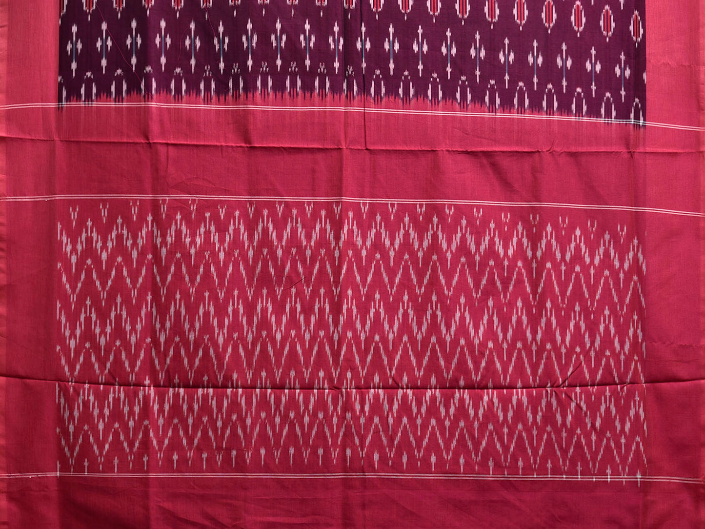 Wine and Pink Pochampally Ikat Cotton Handloom Saree with Zig-Zag Pallu Design No Blouse i0944