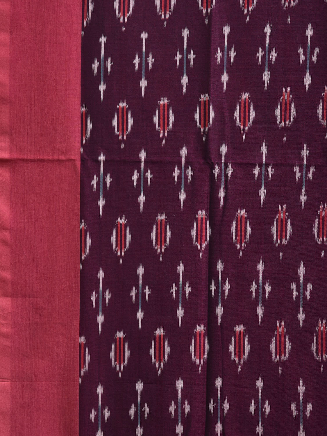 Wine and Pink Pochampally Ikat Cotton Handloom Saree with Zig-Zag Pallu Design No Blouse i0944