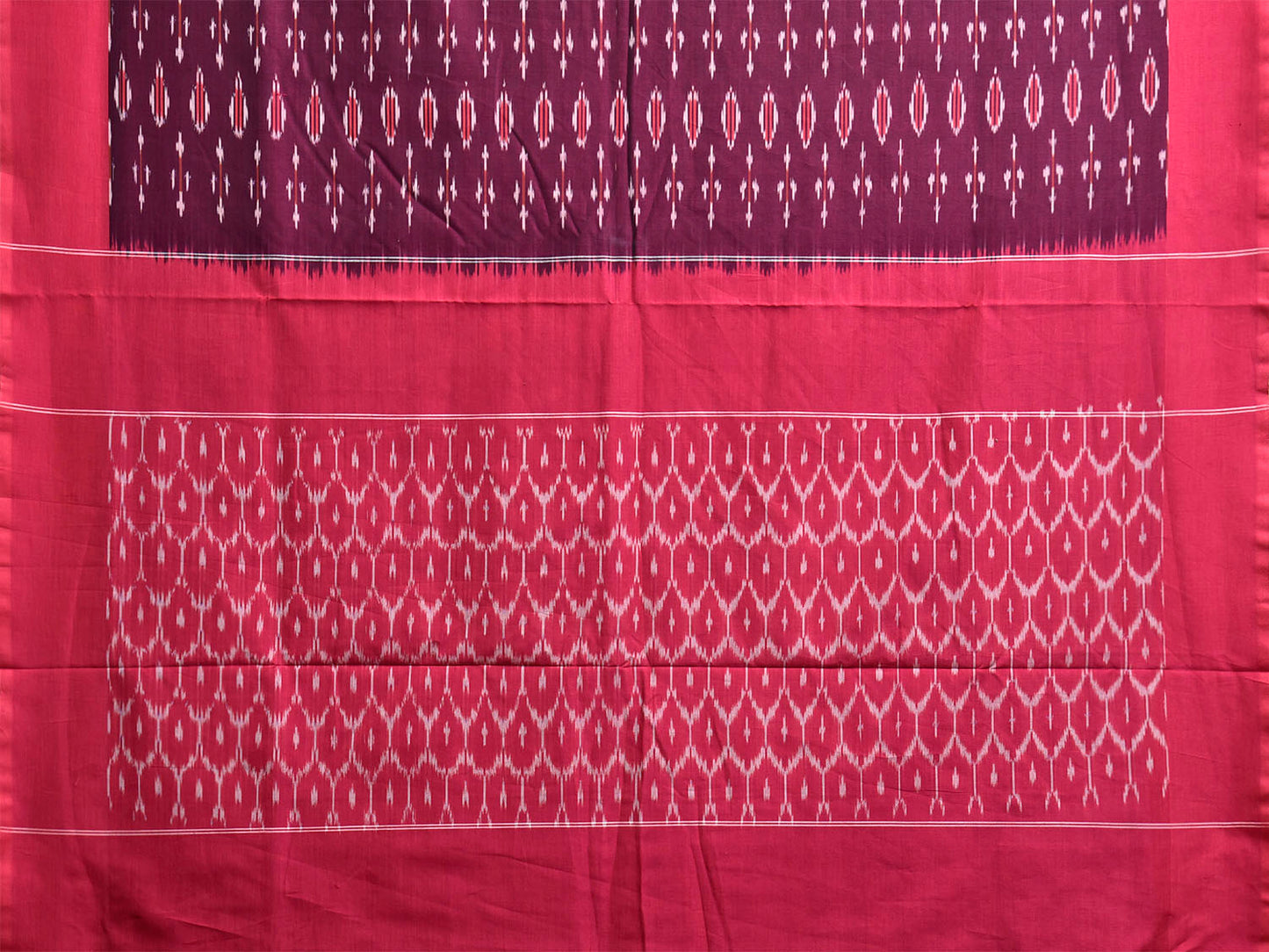 Wine and Pink Pochampally Ikat Cotton Handloom Saree with Body Buta and Grill Pallu Design No Blouse i0952