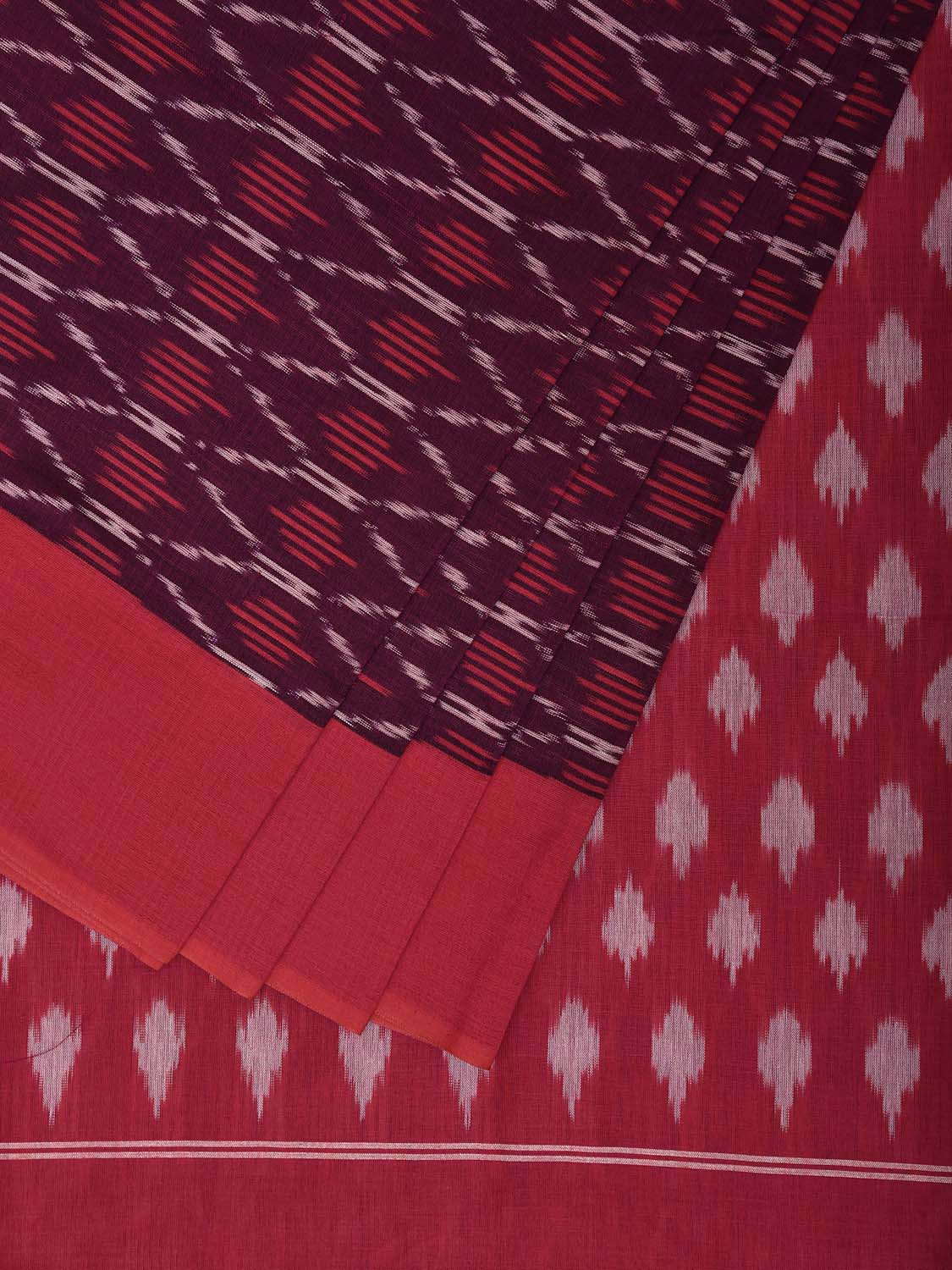 Wine and Red Pochampally Ikat Cotton Handloom Saree with Grill Design No Blouse i0961