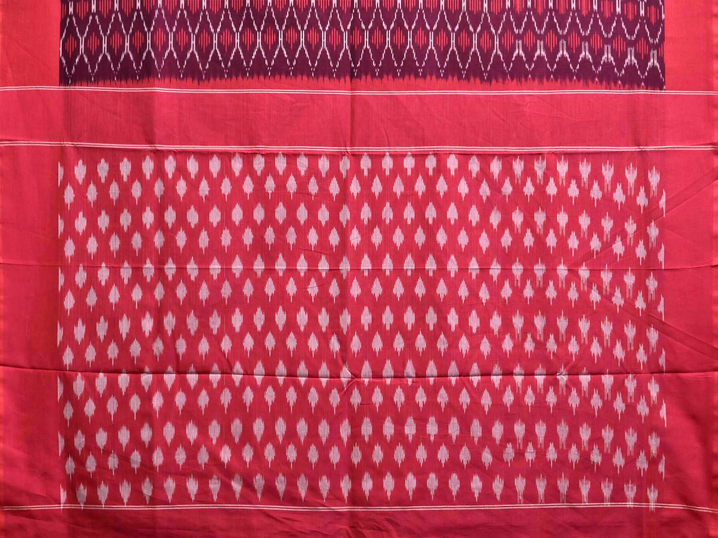 Wine and Red Pochampally Ikat Cotton Handloom Saree with Grill Design No Blouse i0961