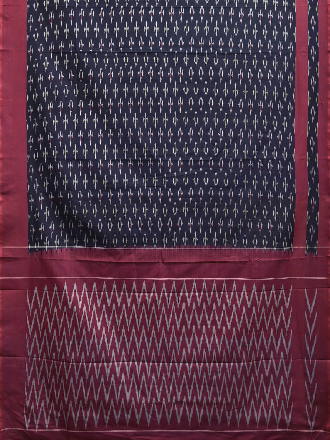 Navy and Dark Red Pochampally Ikat Cotton Handloom Saree with Zig-Zag Pallu Design No Blouse i0965