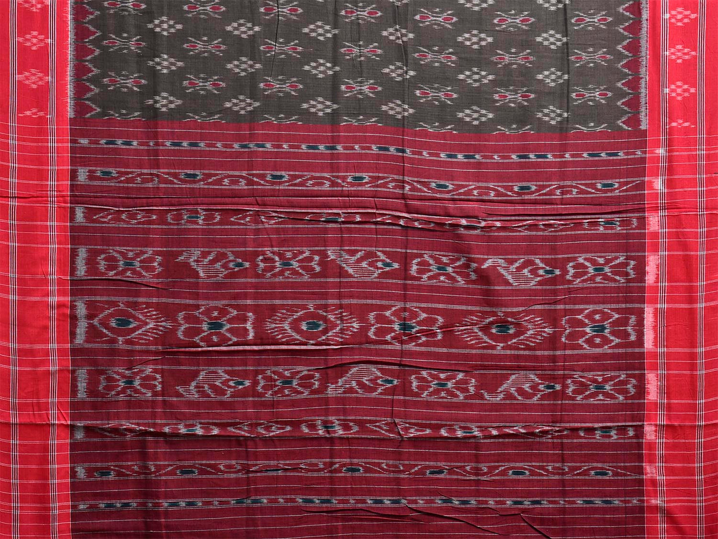 Grey and Red Pochampally Ikat Cotton Handloom Saree with Buta and Pallu Design No Blouse i0969