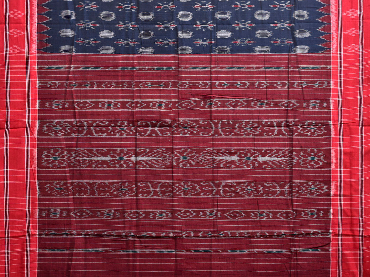 Navy and Red Pochampally Ikat Cotton Handloom Saree with Buta and Pallu Design No Blouse i0970