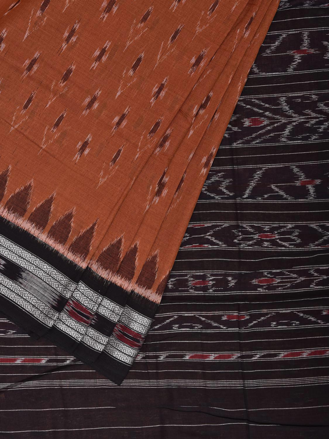 Dark Orange and Black Pochampally Ikat Cotton Handloom Saree with Buta and Pallu Design No Blouse i0972