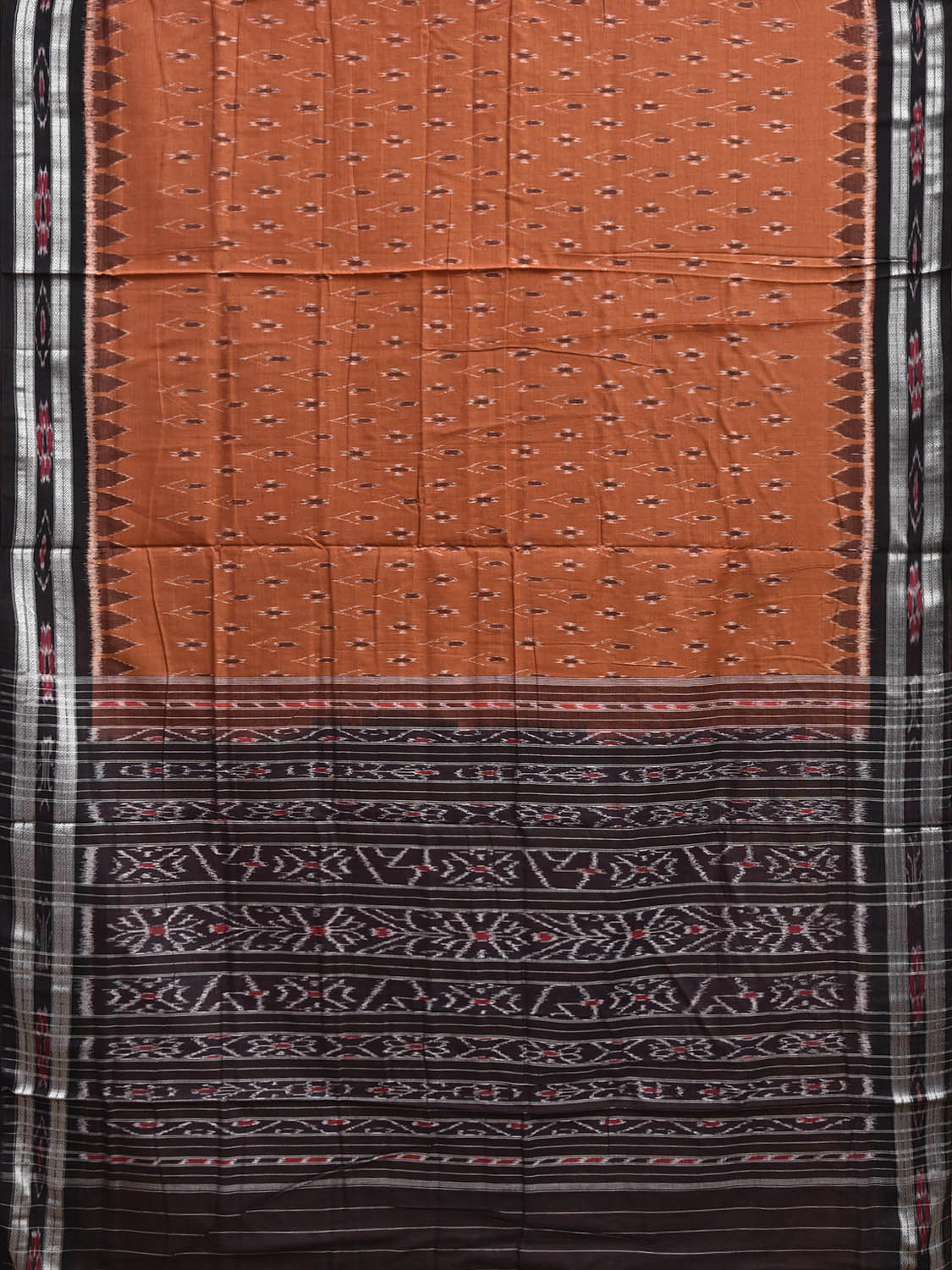 Dark Orange and Black Pochampally Ikat Cotton Handloom Saree with Buta and Pallu Design No Blouse i0972