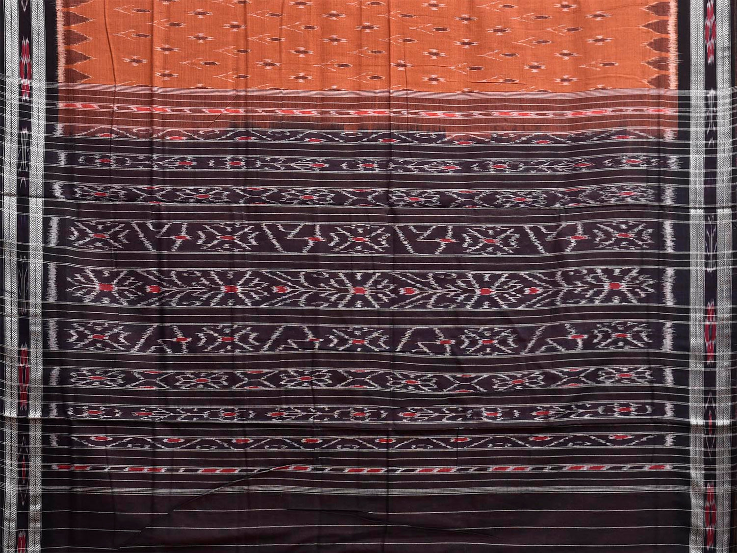 Dark Orange and Black Pochampally Ikat Cotton Handloom Saree with Buta and Pallu Design No Blouse i0972