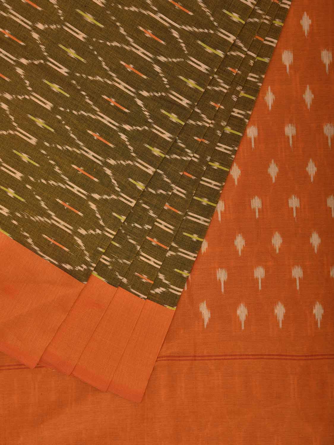 Olive and Orange Pochampally Ikat Cotton Handloom Saree with Grill Body Design No Blouse i0985