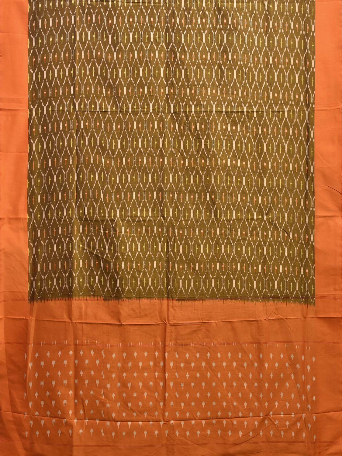 Olive and Orange Pochampally Ikat Cotton Handloom Saree with Grill Body Design No Blouse i0985