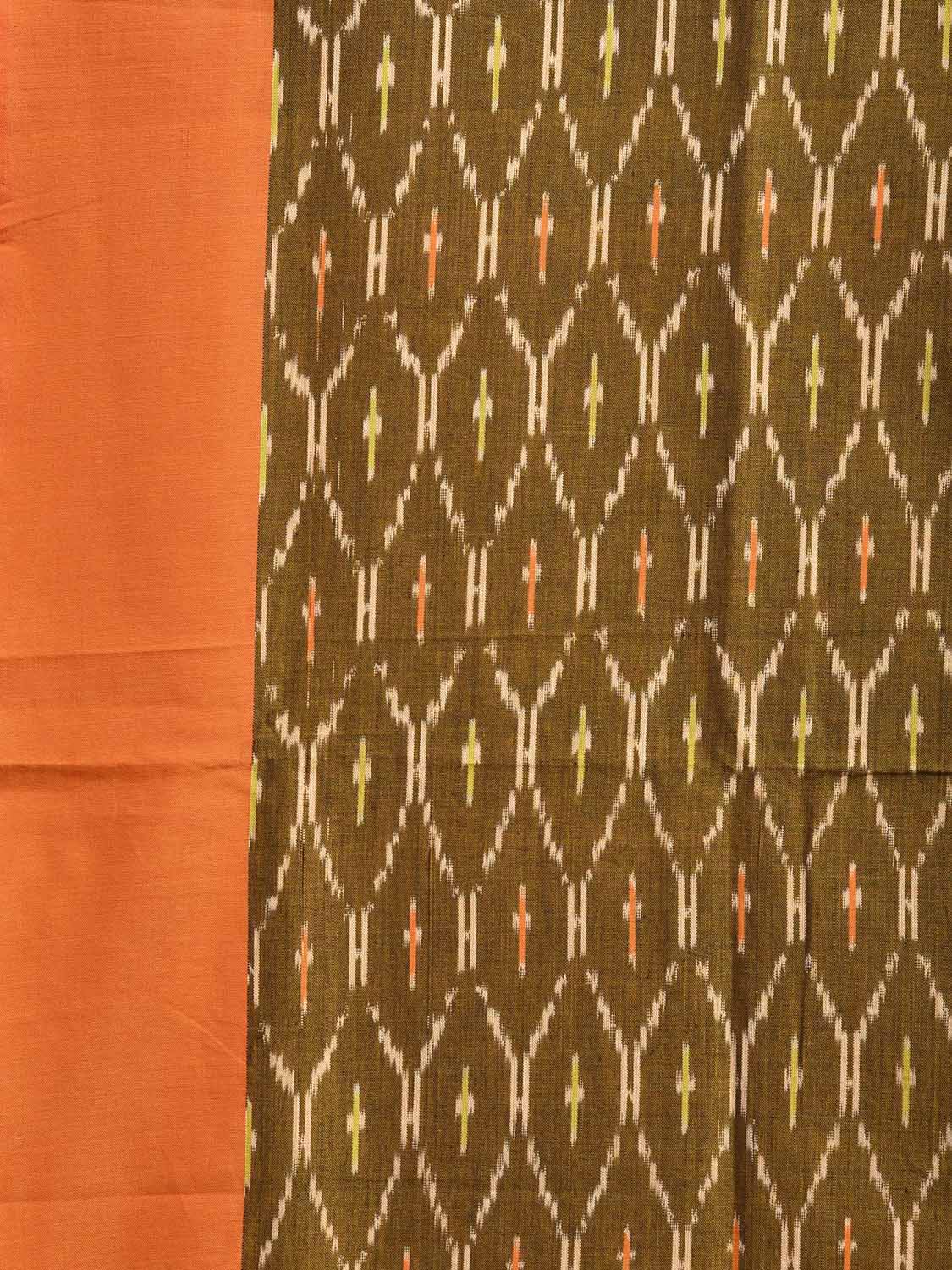 Olive and Orange Pochampally Ikat Cotton Handloom Saree with Grill Body Design No Blouse i0985