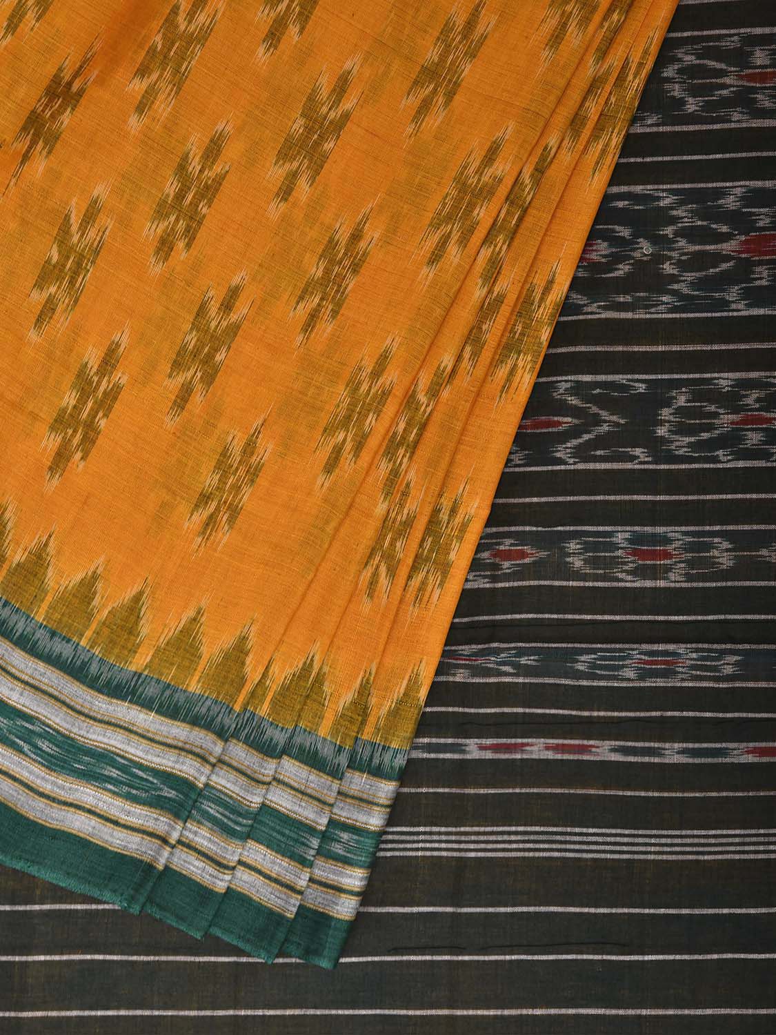 Yellow and Green Ikat Cotton Saree with Body Buta and Pallu Design No Blouse i0994